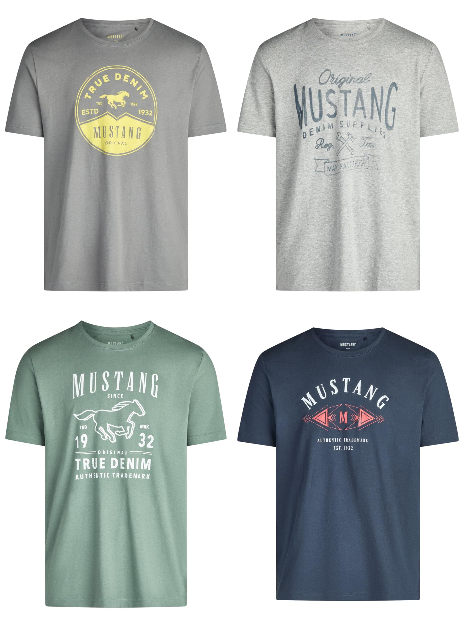 MUSTANG Tshirt Herren Baumwolle Regular Fit 4er Pack Set Rundhals Kurzarm Sommer Tee Shirt Logoprint Schwarz Weiß Grau Blau Grün S M L XL XXL 3XL 4XL 5XL 6XL