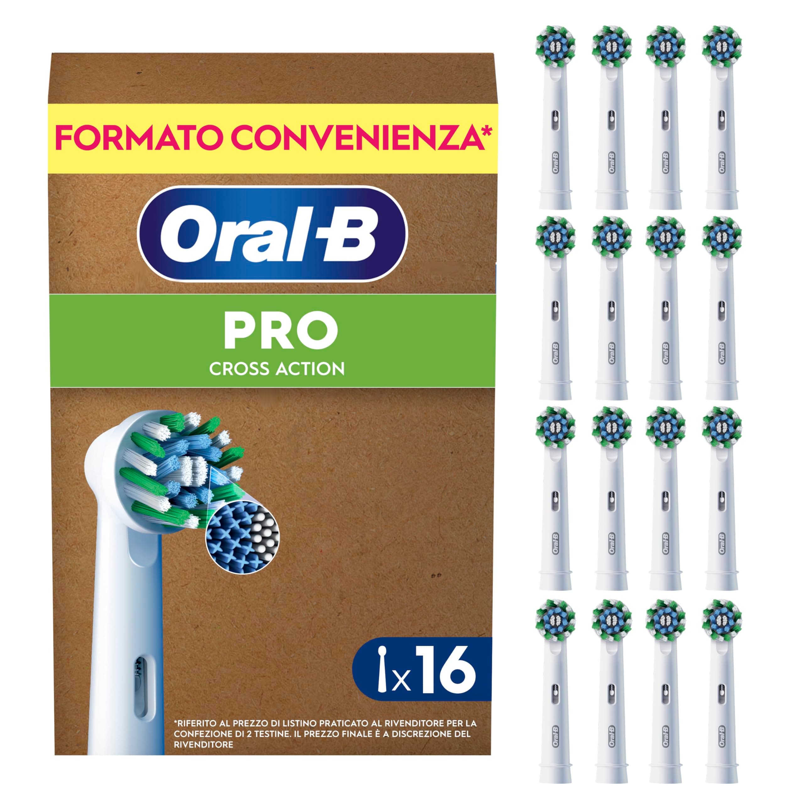 Oral-B Testine di Ricambio, Cross Action, Bianche, 16 Ricambi - 16 Testine di Ricambio per Spazzolino Elettrico, Autentiche, Setole Angolate che si Adattano a ogni Dente per una Pulizia Profonda