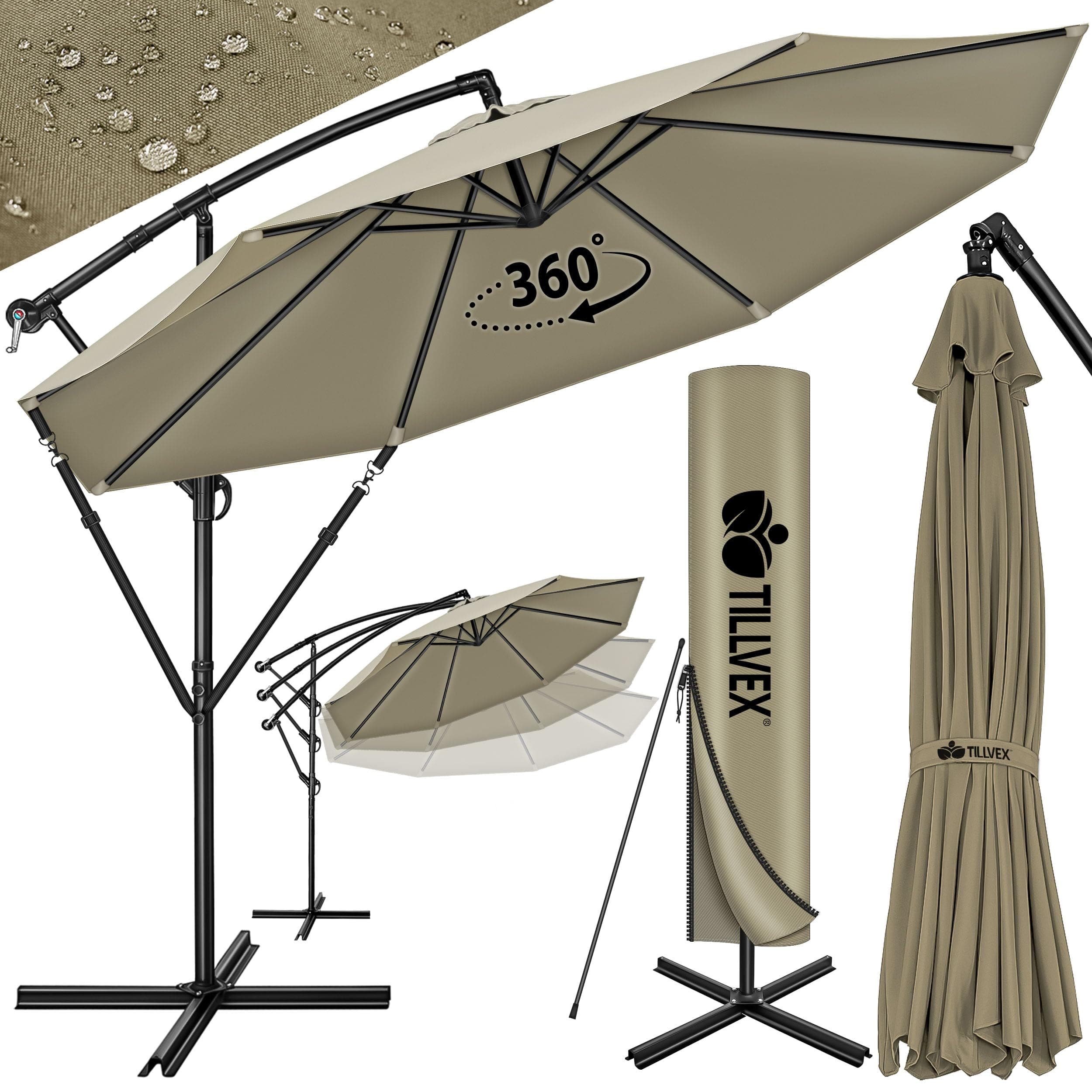 Tillvex Ombrellone da Giardino Ø 300 cm Con Manovella | Asta per Giardino, Terrazza, Balcone | Alluminio Con Protezione UV - Impermeabile | Base Inclusa