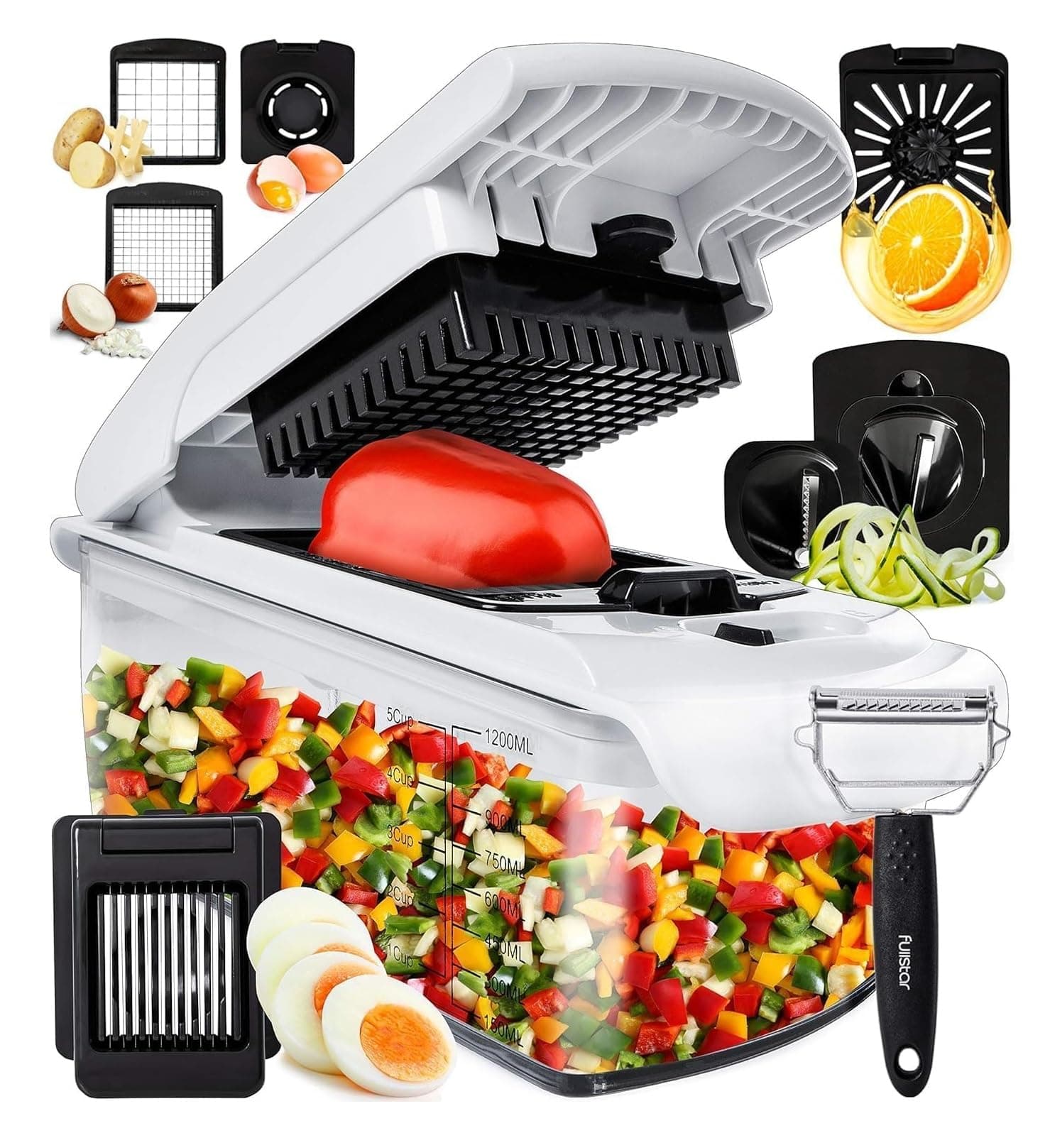 Fullstar Coupe Legumes Multifonction et Spiraliseur - Découpe en Cube - Hachoir Manuel pour Oignons Carottes Concombres Tomates Frites Pommes de Terre - Cuisine Accessoires (PRO 9-en-1, Blanc)