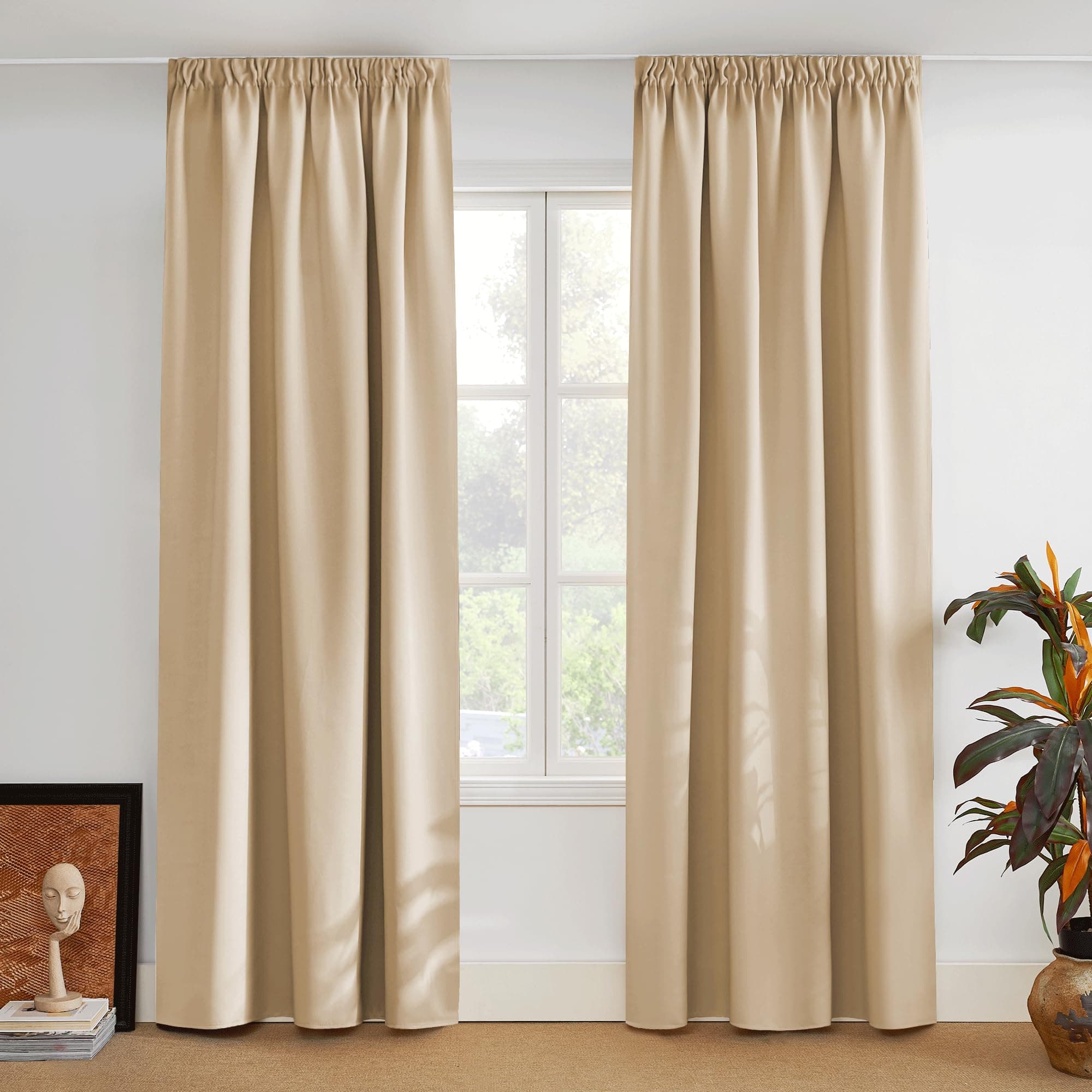 PONY DANCE Vorhang Blickdicht Wohnzimmer Gardinen mit Kräuselband 2er Set H 280 x B 140 cm Verdunklungsgardine für Schienensystem Thermovorhang gegen Hitze, Biscotti Beige