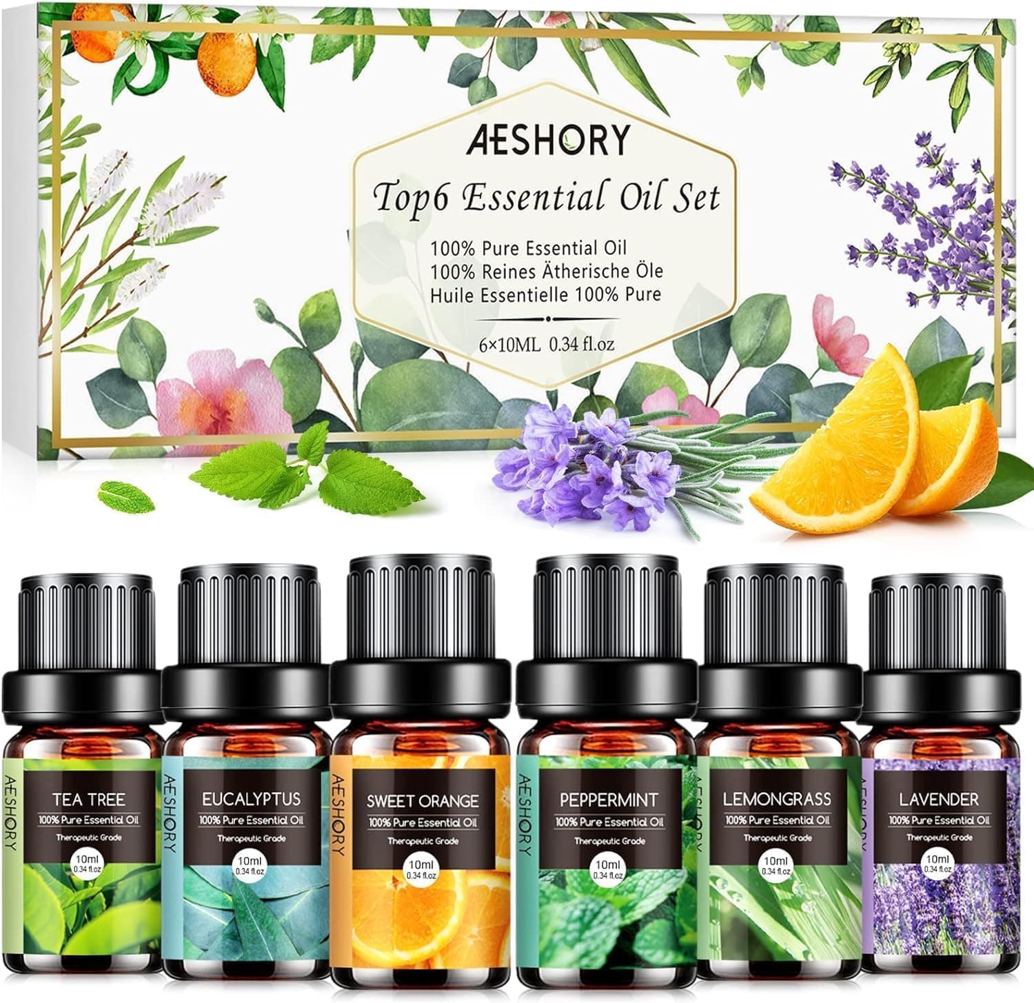 AESHORY Aceites Esenciales para Humidificador TOP 6 x 10ML, Aceite Aromáticos Natural, Set de Aceites Esenciales Aromaterapia para Difusor, SPA - Lavanda, Menta, Árbol de Té, Eucalipto, Naranja Dulce