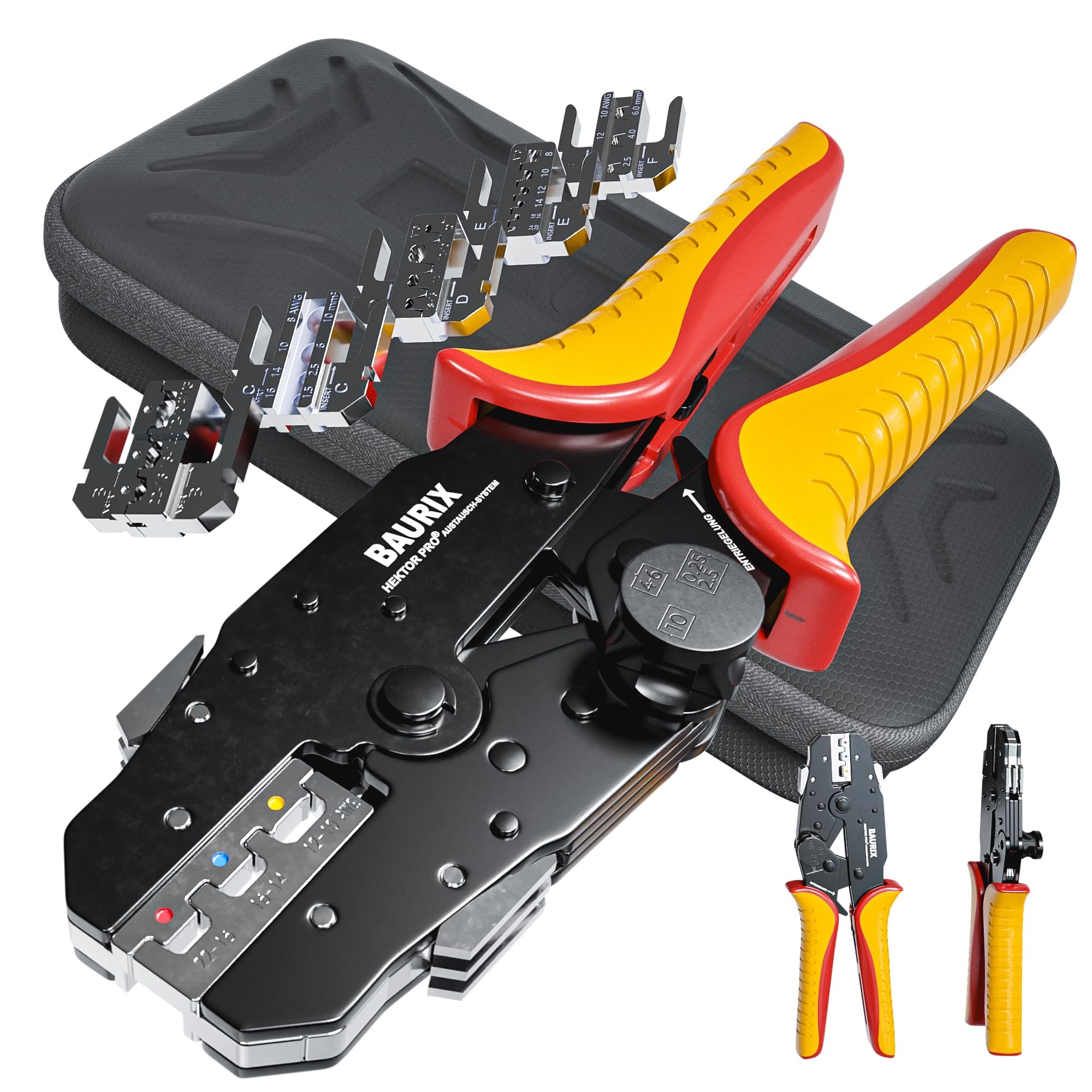 BAURIX® Set di Pinza Crimpatrice con 6 Ganasce Intercambiabili, Crimpatrice Capicorda, Crimpatrice Puntalini Elettrici, Pinza Faston e Altro, Set Pinze Crimpatura Professionali o per il Fai da te
