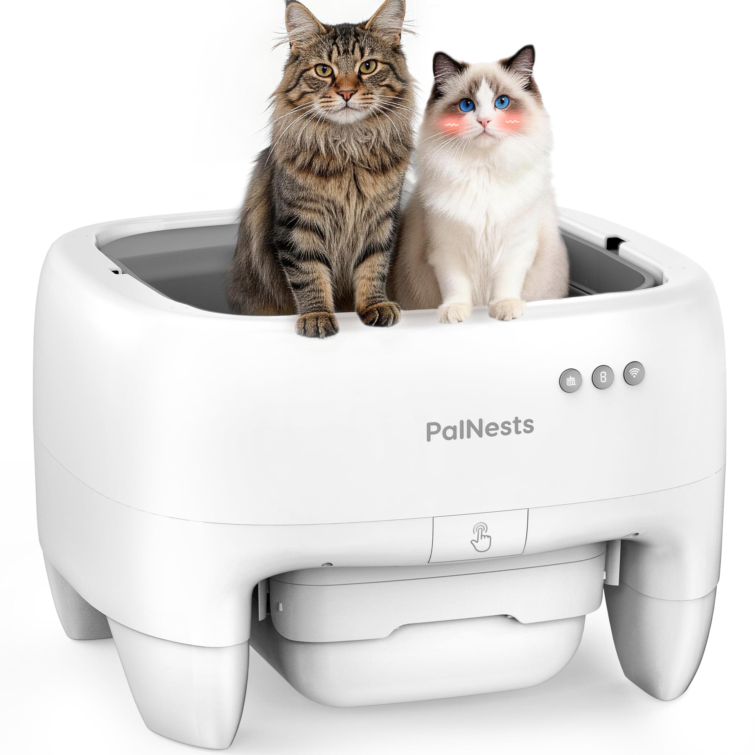 PalNests Lettiera Gatto Autopulente, Lettiera Automatica per Gatti Sicurezza Anti-Pizzicamento, Design Aperto con Ingresso dall'Alto per Gatti Grandi e Multipli, Controllo APP, Deodorizzazione, Bianco