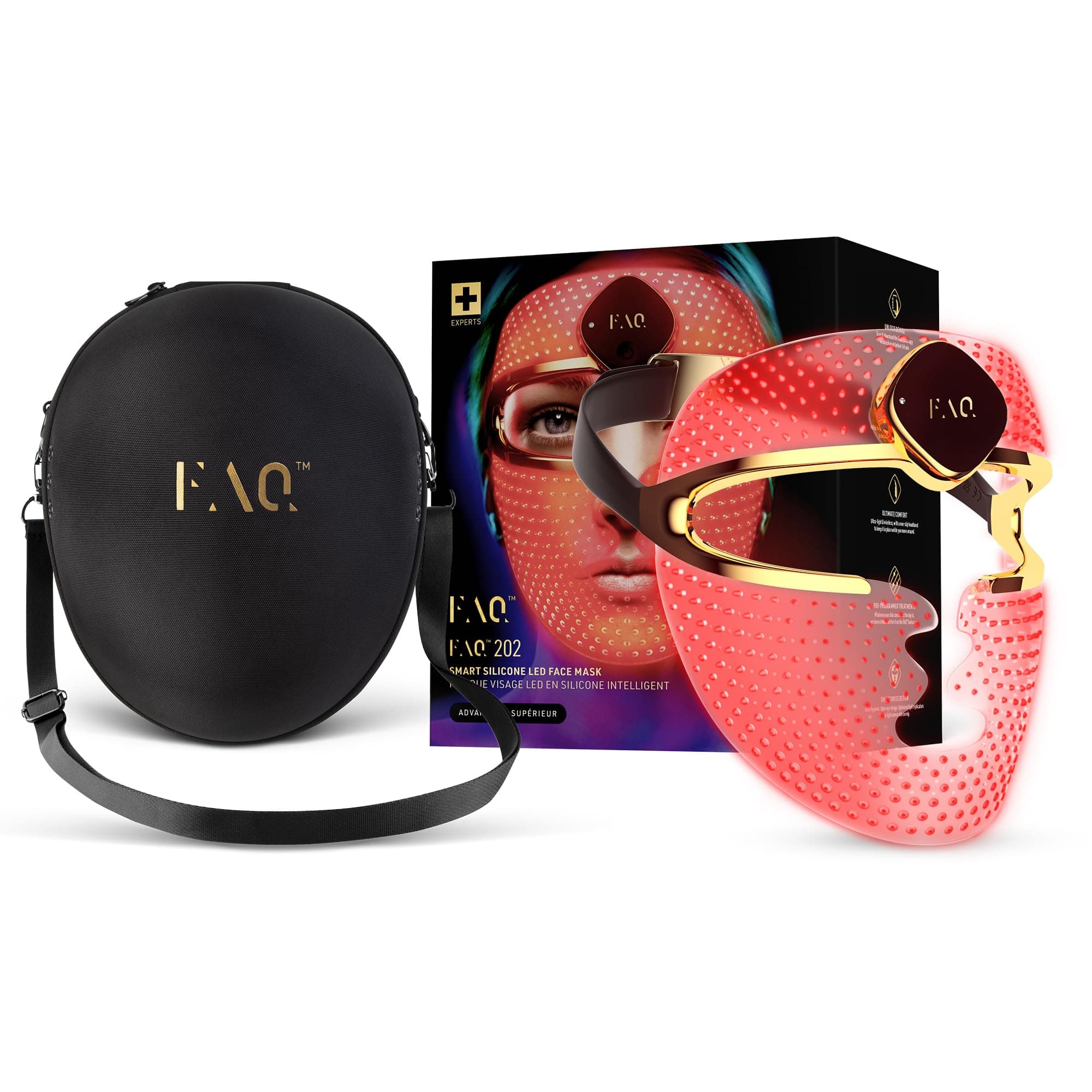 FAQ 202 Máscara facial LED inalámbrica con estuche de viaje - Cuidado antiedad con 8 ajustes - 600 puntos de luz para el tratamiento dirigido y el cuidado facial - Pack de viaje, ligero y duradero