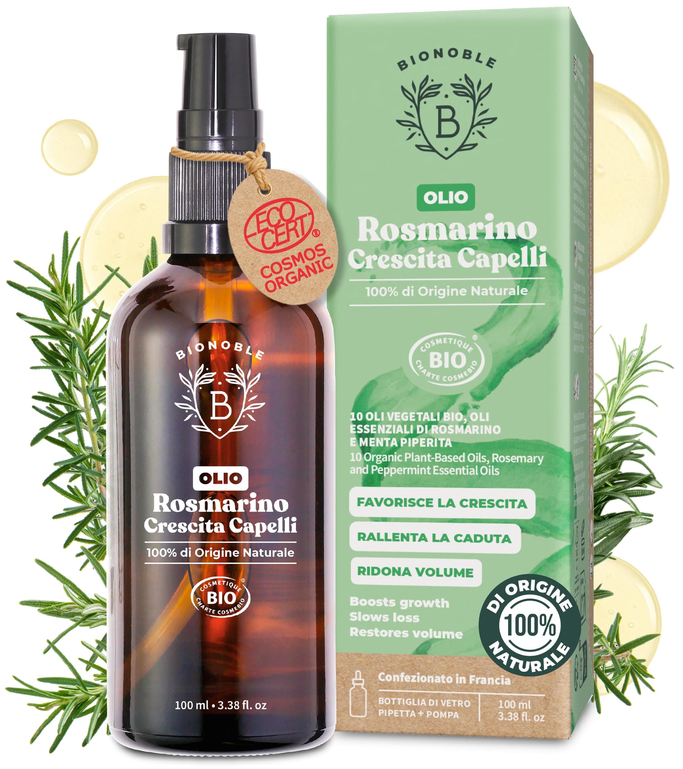 BIONOBLE Olio di Rosmarino per Capelli Bio - Stimola la Crescita - 100ml | 100% Naturale e Puro - Olio Rosmarino Capelli Crescita - Rosemary Oil for Hair Growth - Bottiglia di Vetro, Pipetta, Pompa