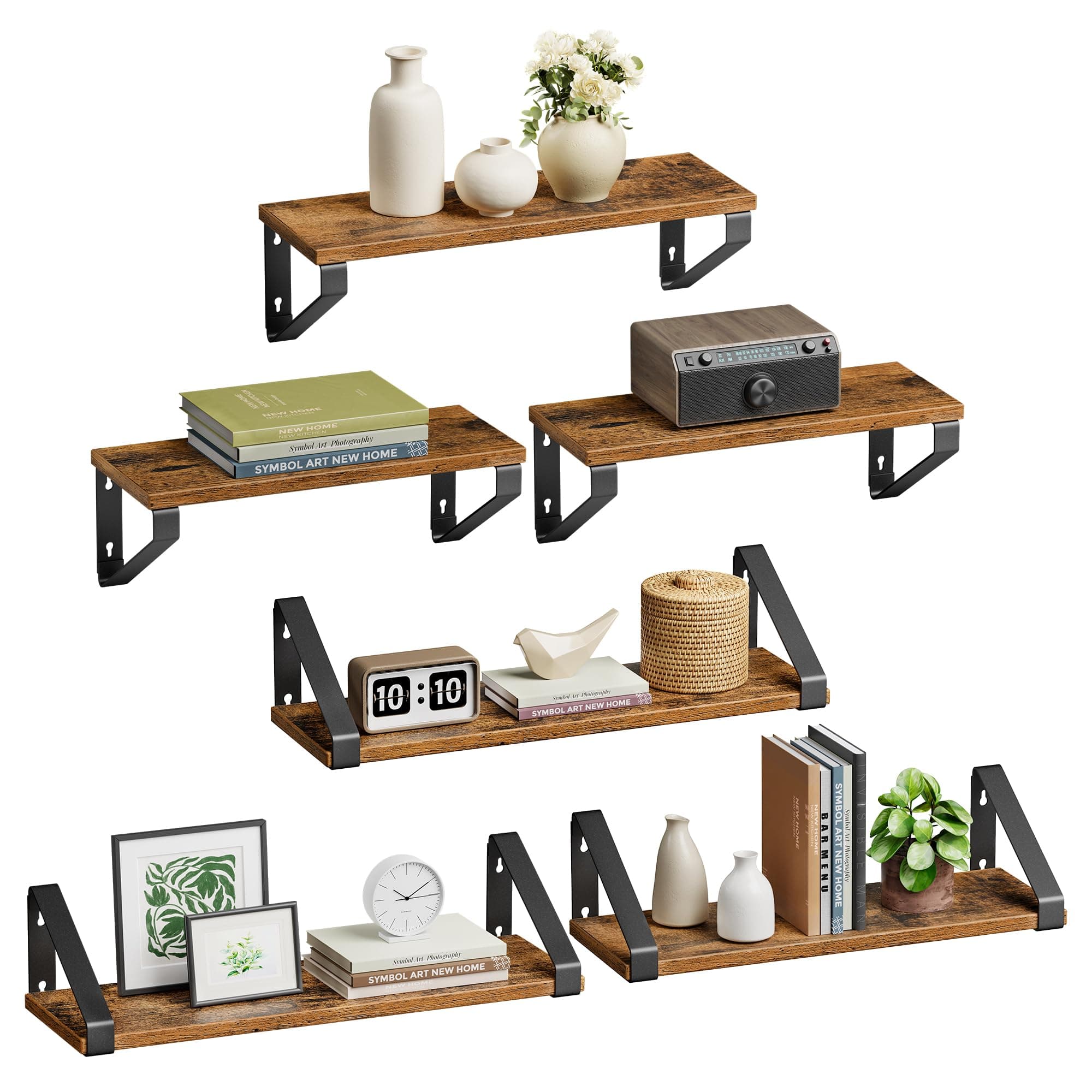 VASAGLE Wandregal, Schweberegal, 6er Set, Regalbrett, 2 Montagemöglichkeiten, 30/35/40 cm, für Wohnzimmer, Küche, Arbeitszimmer, Badezimmer, vintagebraun-Mattschwarz LWS033K02