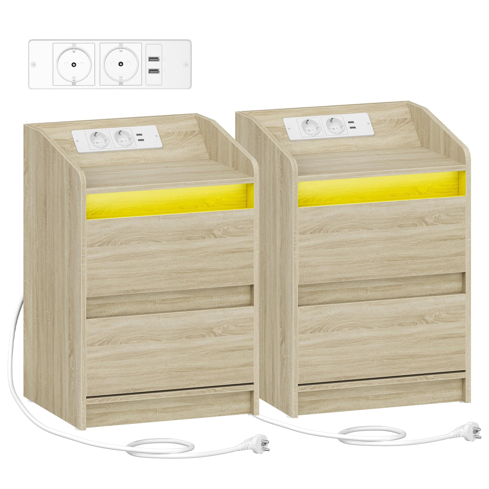 Hzuaneri Tables de Chevet avec lumières LED, Lot de 2, Station de Chargement et 2 tiroirs, Table d'appoint avec Ports USB et Prises électriques, pour la Chambre à Coucher, Couleur Chêne NS30116X