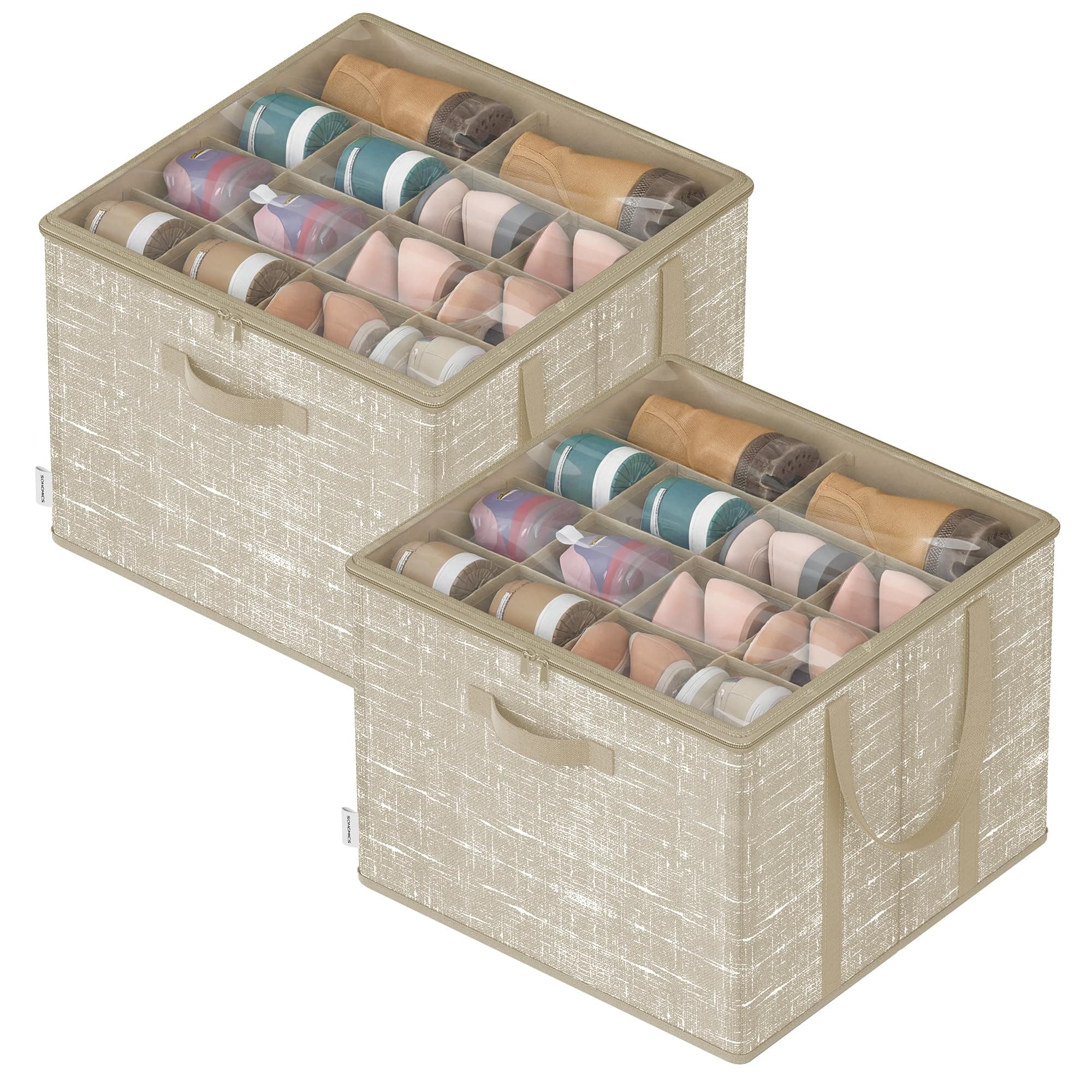 SONGMICS Organizador de Zapatos, Juego de 2, Cada uno para hasta 16 Pares, Caja para Guardar Zapatos, Asas, Tapa Transparente, para Armario Entrada Dormitorio, Beige Capuchino LSP602LF01