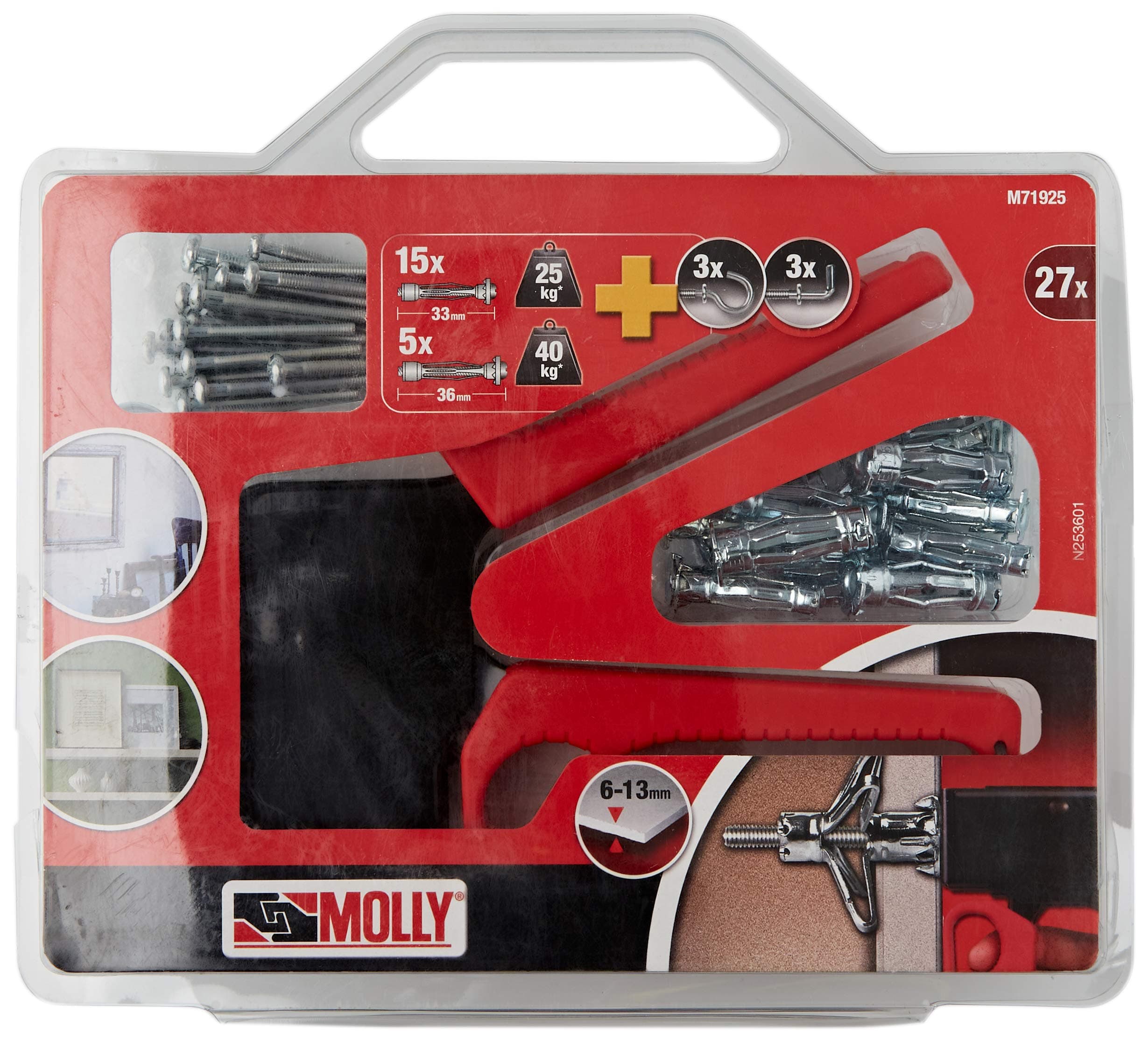 MOLLY Kit de 20 Chevilles de fixation - 15 Chevilles 4 x 33mm et 5 Chevilles 5 x 36mm + Pince de pose, Gris, Set de 27 pièces M71925-XJ