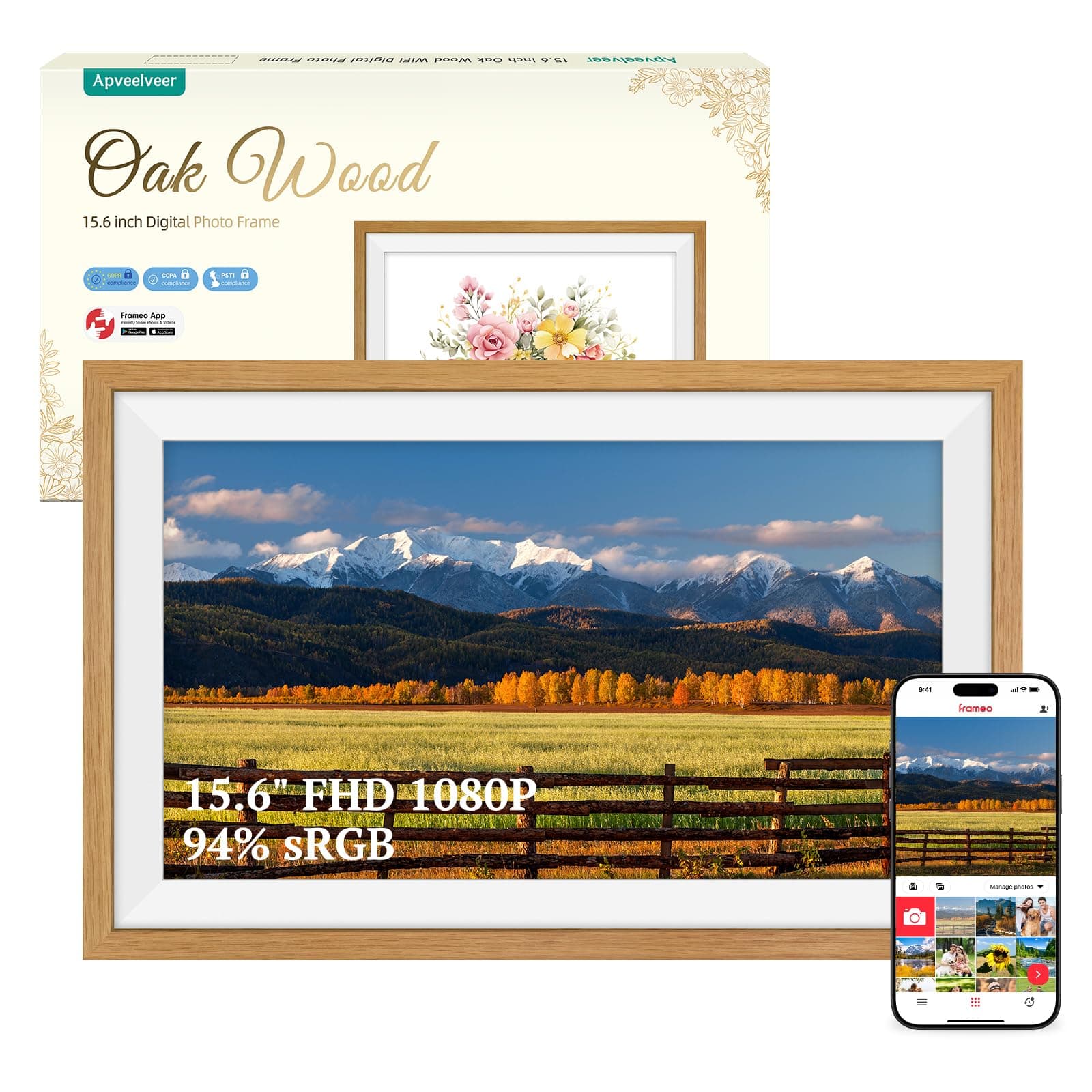 94% sRGB Frameo Cadre Photo Numérique 15.6 Pouces Grand Format WiFi, Mémoire 32Go écran Tactile IPS 1920 * 1080 FHD, Partage de Photos Vidéos Via Frameo APP, Cadeau Femme Homme, Bois de Chêne