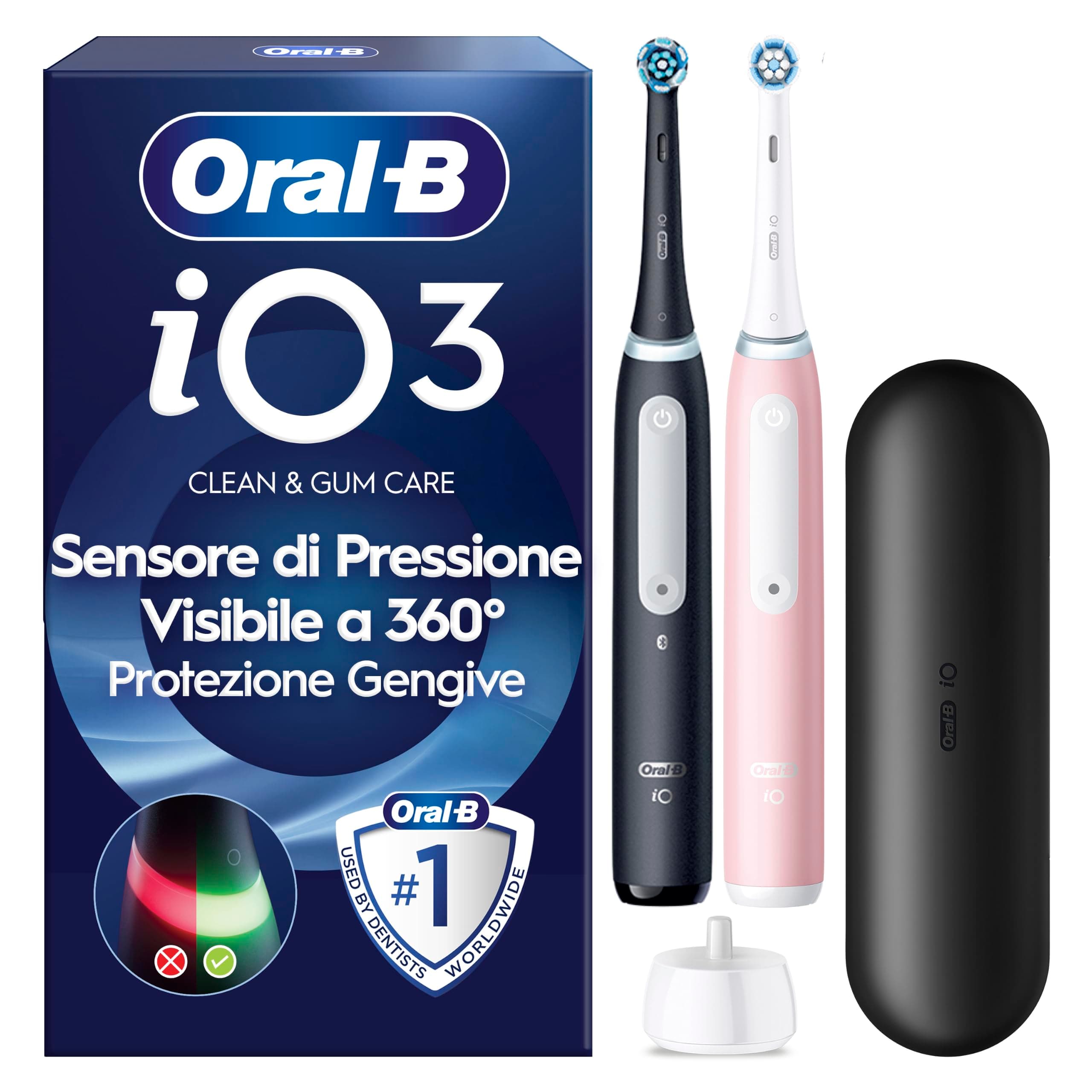 Oral-B Spazzolino Elettrico Ricaricabile iO 3 Rosa e Nero, 2 Spazzolino Elettrico Oral B, 2 Testine Di Ricambio, Custodia Da Viaggio. Confezione Doppia, Pulizia Denti Efficace