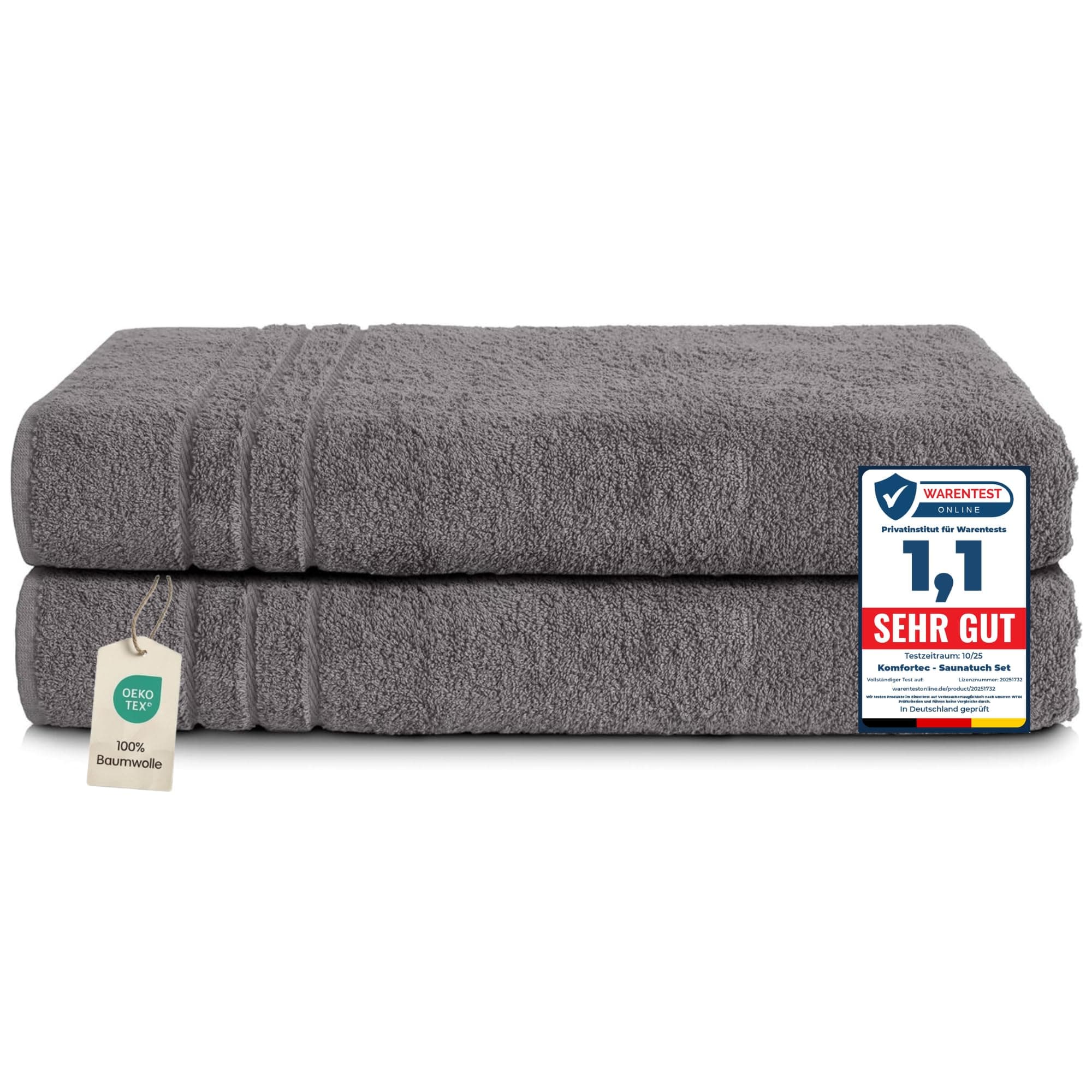 Komfortec Lot de 2 Serviettes de Sauna 80x200 cm, 100% Coton, Grande Taille, Douces et à Séchage Rapide, Gris Anthracite