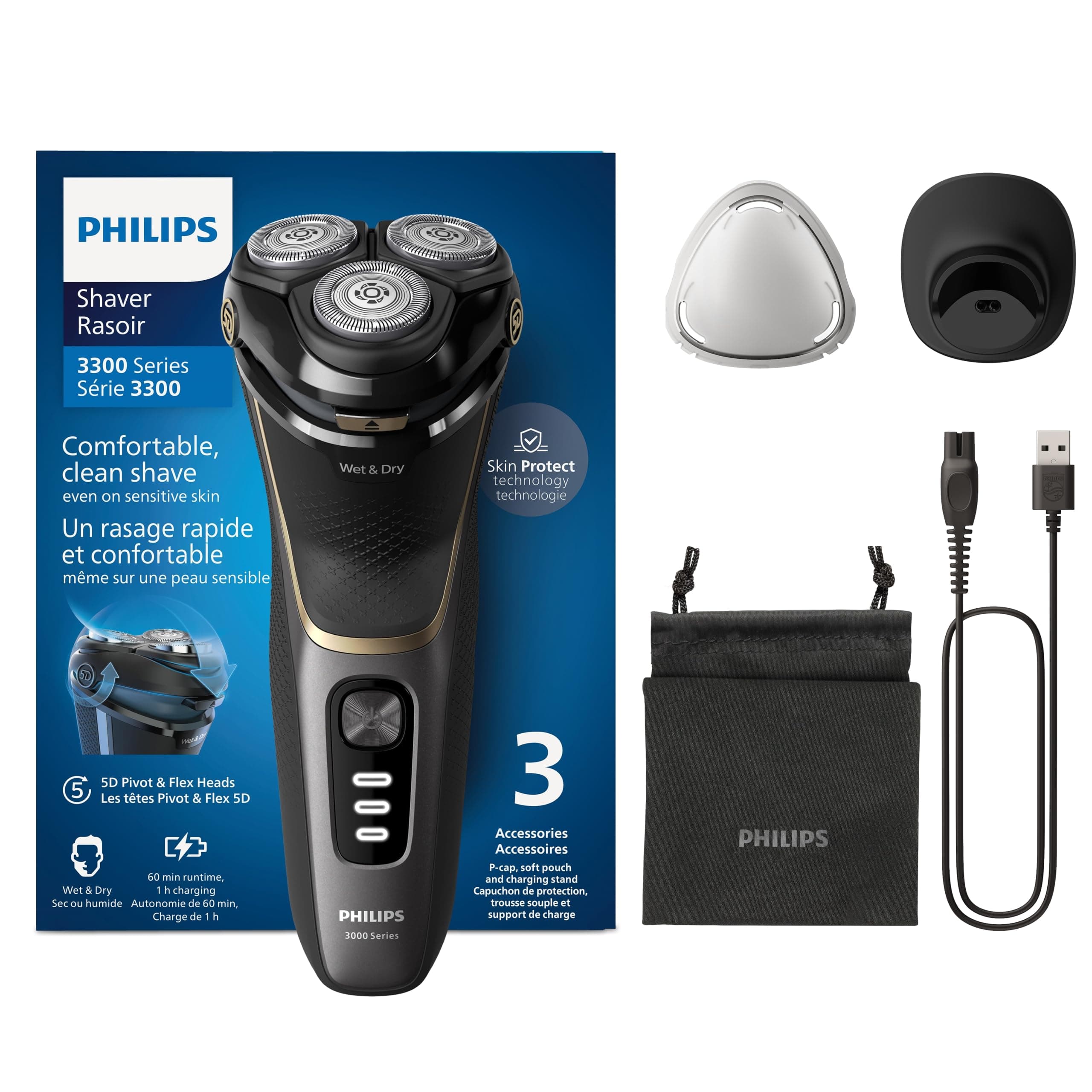 Philips rasoio elettrico serie 3000 - Rasoio elettrico Wet&Dry per uomo, tecnologia SkinProtect, colore Deep Black, rifinitore a scomparsa, supporto di ricarica, astuccio da viaggio (modello S3342/13)
