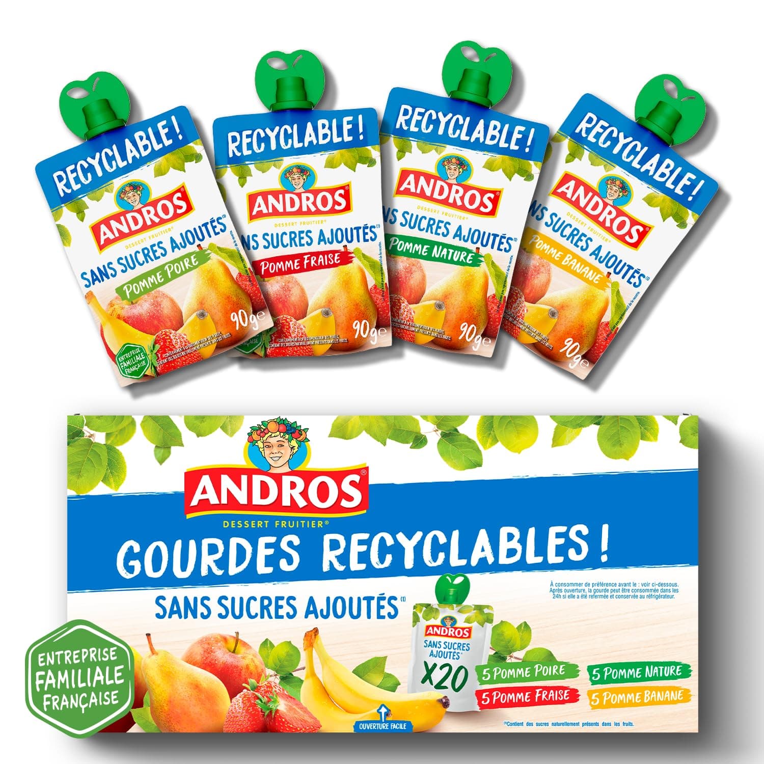 ANDROS - Compote de Fruit - Gourde Recyclable - Sans Sucre Ajouté - Goût Pomme + Poire + Fraise + Banane - Idéal pour l'Enfants - Lot de 20