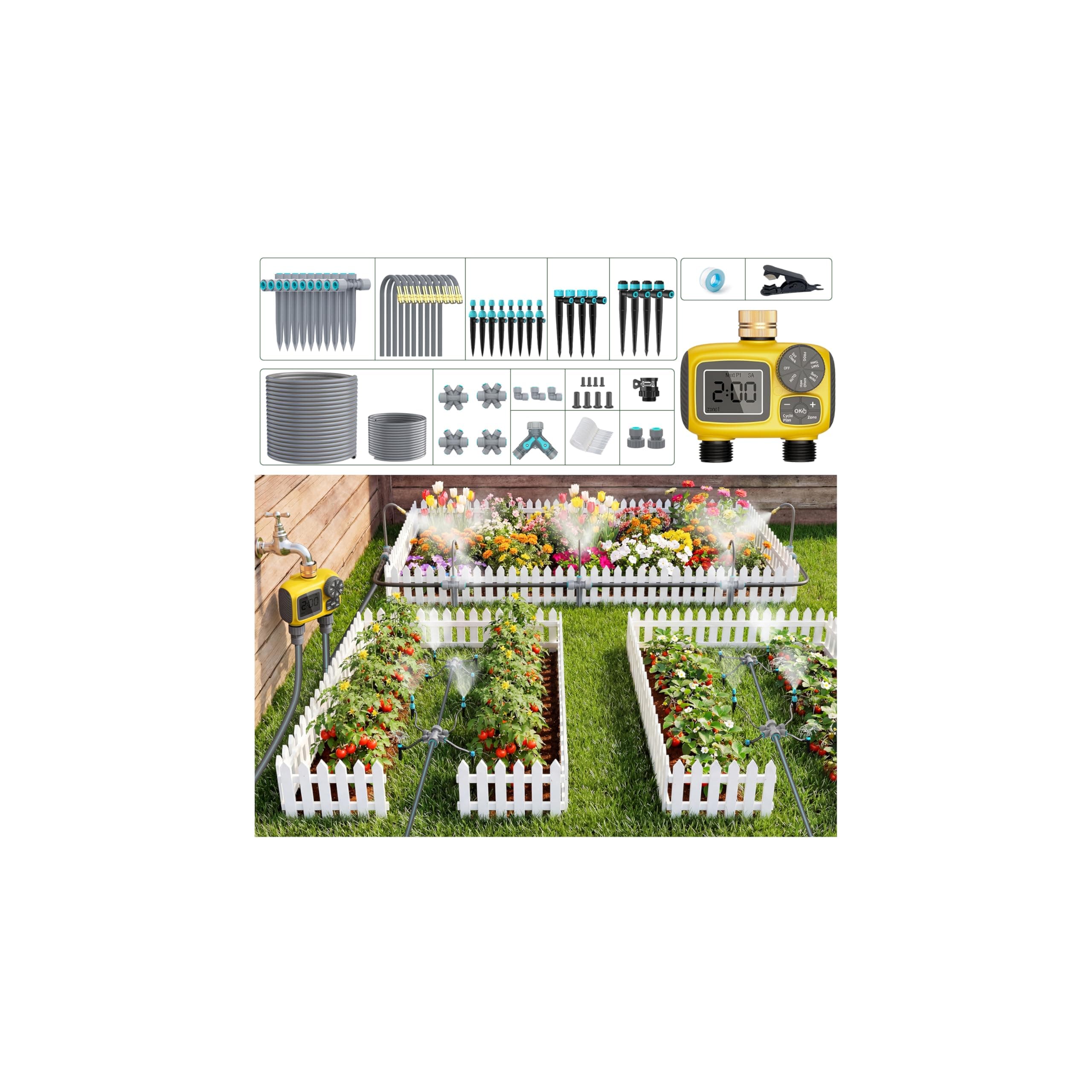 TRJZWA 52 M Automatique Goutte à Goutte Kit D’irrigation Complet Avec Programmateur Pour Jardin, Système D'arrosage Automatique avec 2 Sorties D'eau et Des Types de Goutteurs pour Pelouse/Patio
