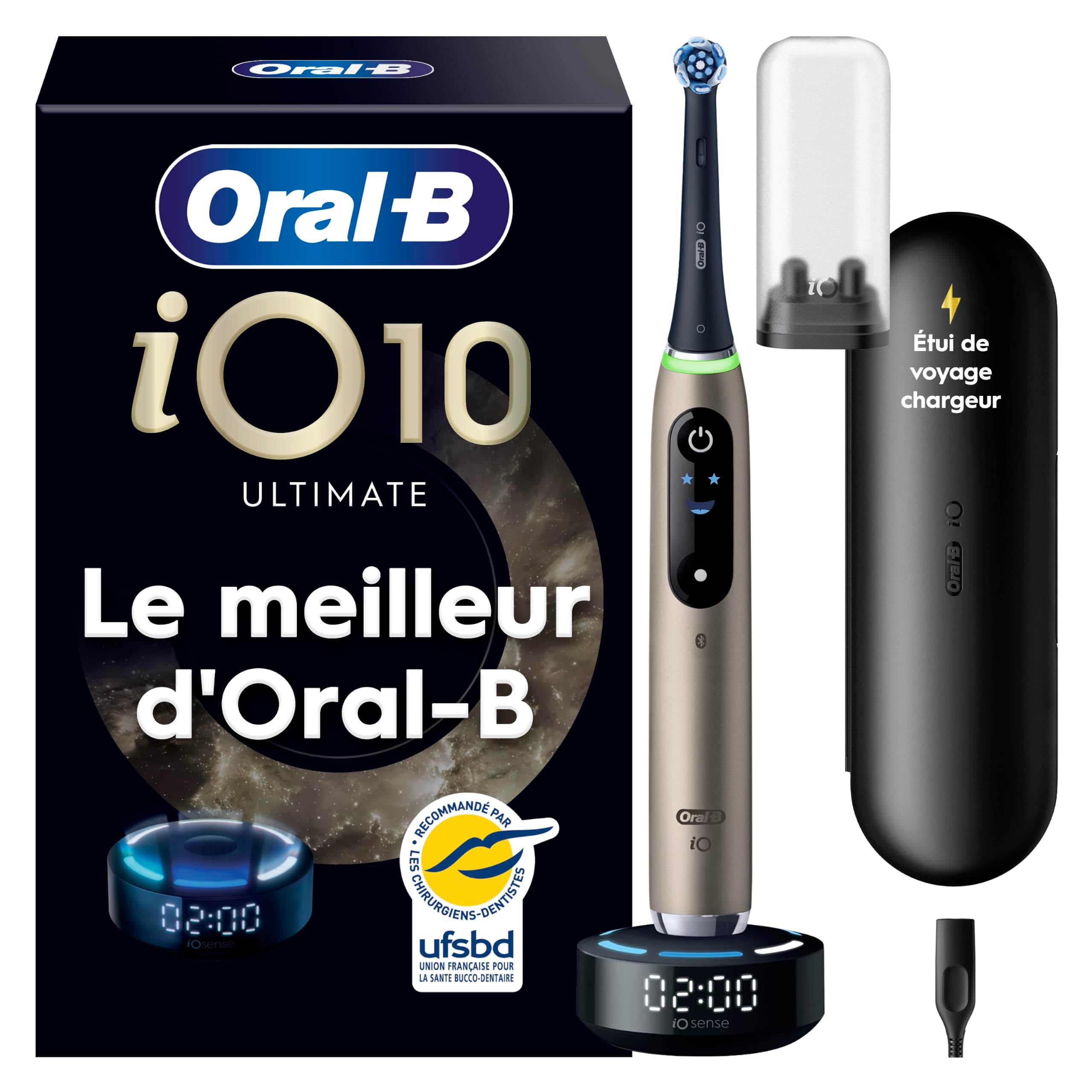 Oral-B Brosse à Dents Electrique iO 10, Brossette de Rechange, Lunar Gold | 7 Modes dont Blancheur et Soin des Gencives, Capteur de Pression, Batterie Rechargeable, Coach de Brossage, Etui