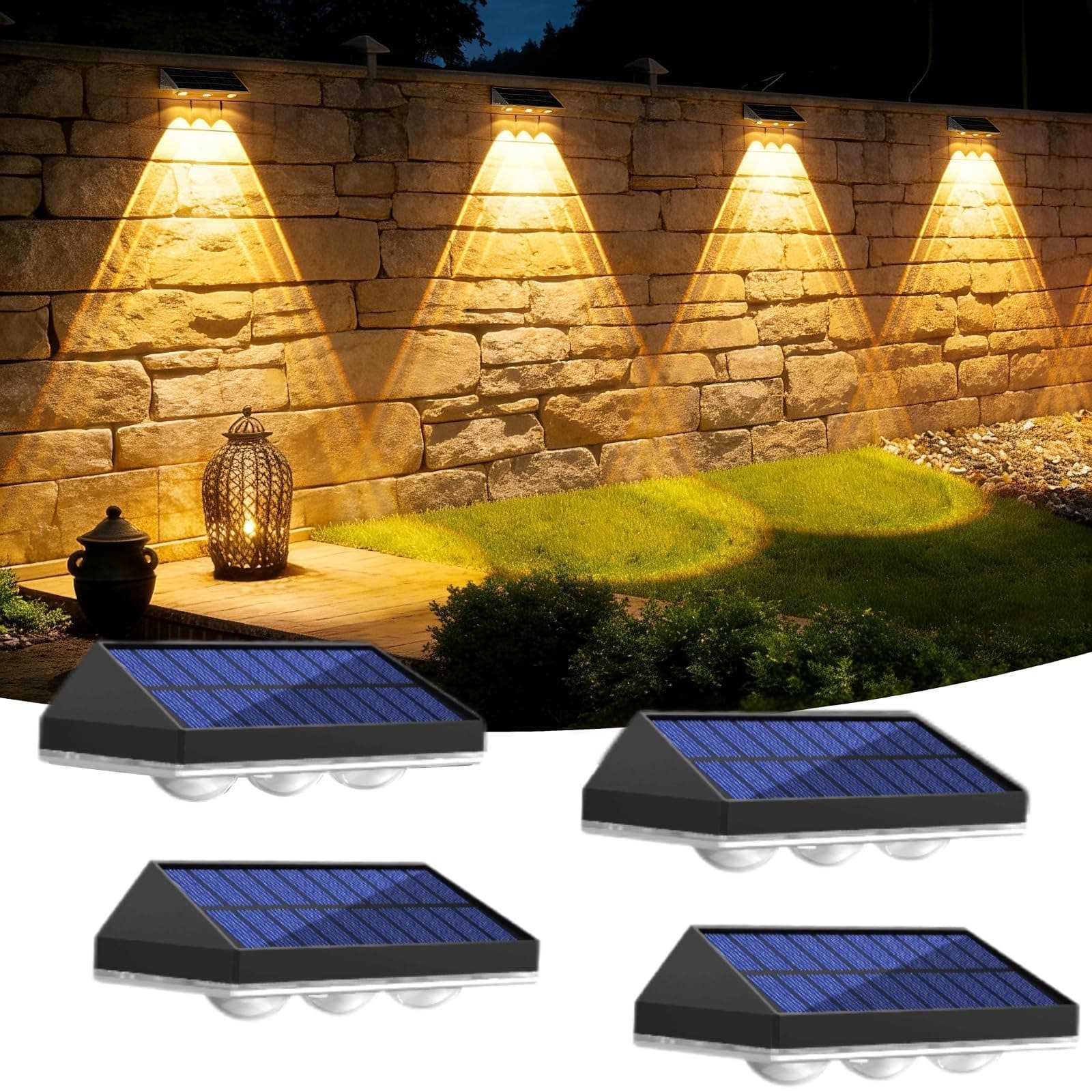 Lámpara de Pared Solares para Exterior, Automático Lámparas Aplique Solare para Exterior, 3 Modos Colores, IP65 Impermeable, Aplique Solares de pared, para Jardín Valla, Pared, Patio, 4 Piezas