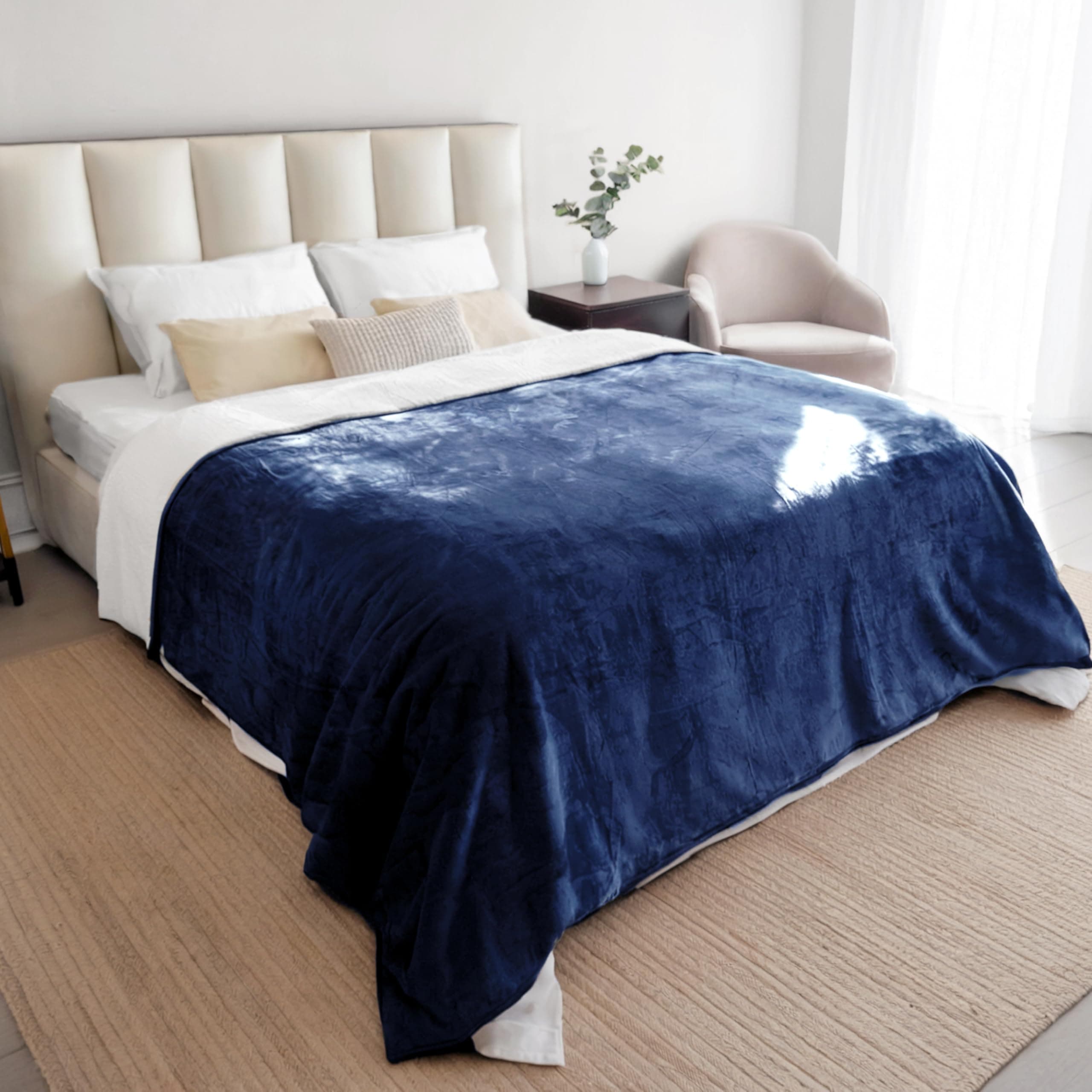Dreamzie - Plaid Imperméable Chien 152x203 cm - Couverture Imperméable Réversible - pour Lit et Canapé Chien en Polaire Sherpa - Lavable - Bleu Marine