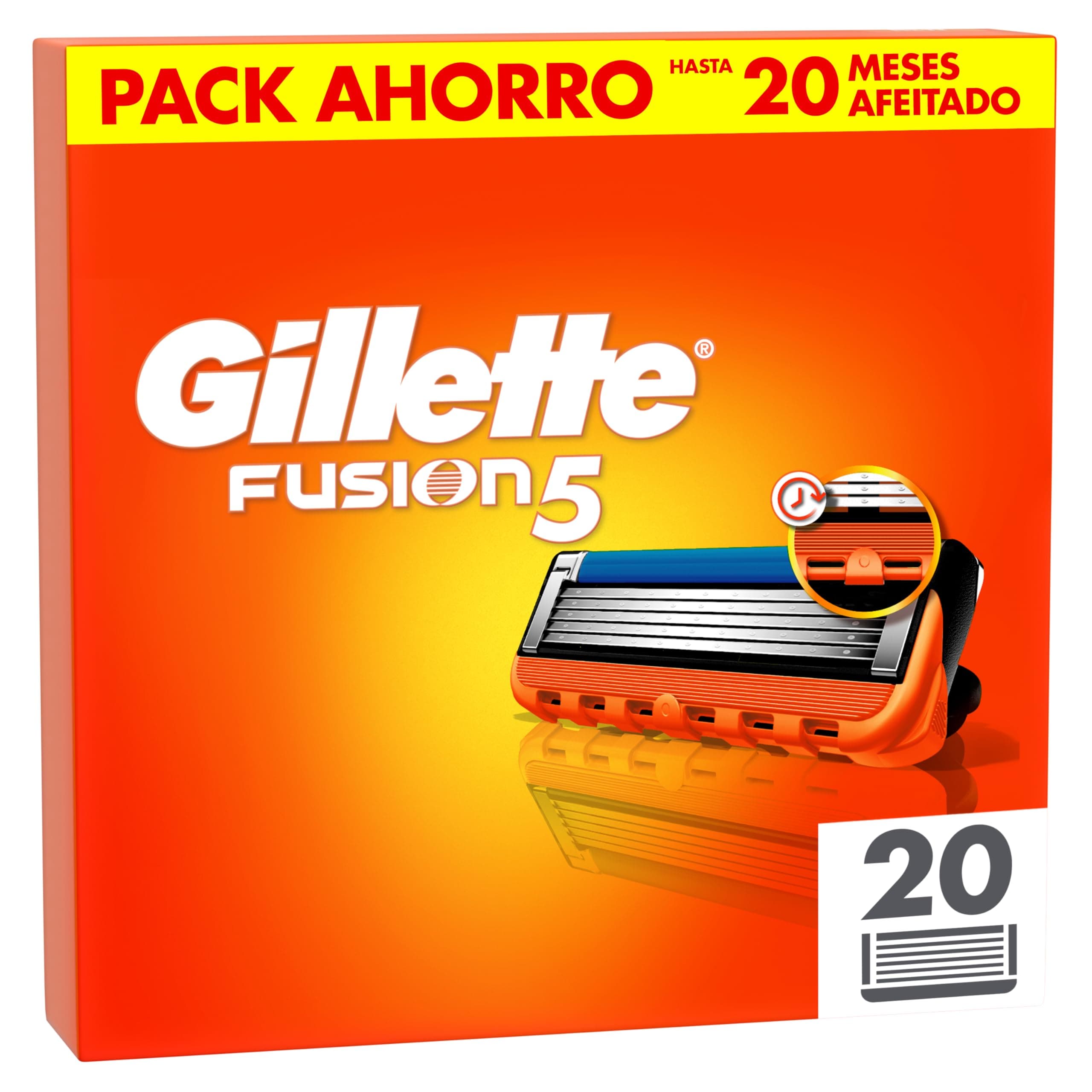 Gillette Fusion5 Recambios para Maquinillas de Afeitar, Pack de 20 Cuchillas de Afeitar con 5 Hojas, Banda de Gel Lubricante Y Recortadora de Precisión