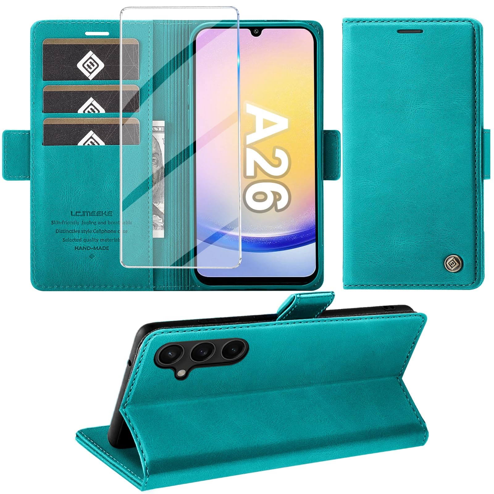 Giyer Cover per Samsung Galaxy A26 5G Custodia con Vetro Temperato, Premium Pelle PU Portafoglio Slot per Scheda RFID Antifurto Funzione Supporto Flip Case, Antiurto per Samsung A26 5G Cover (Ciano)