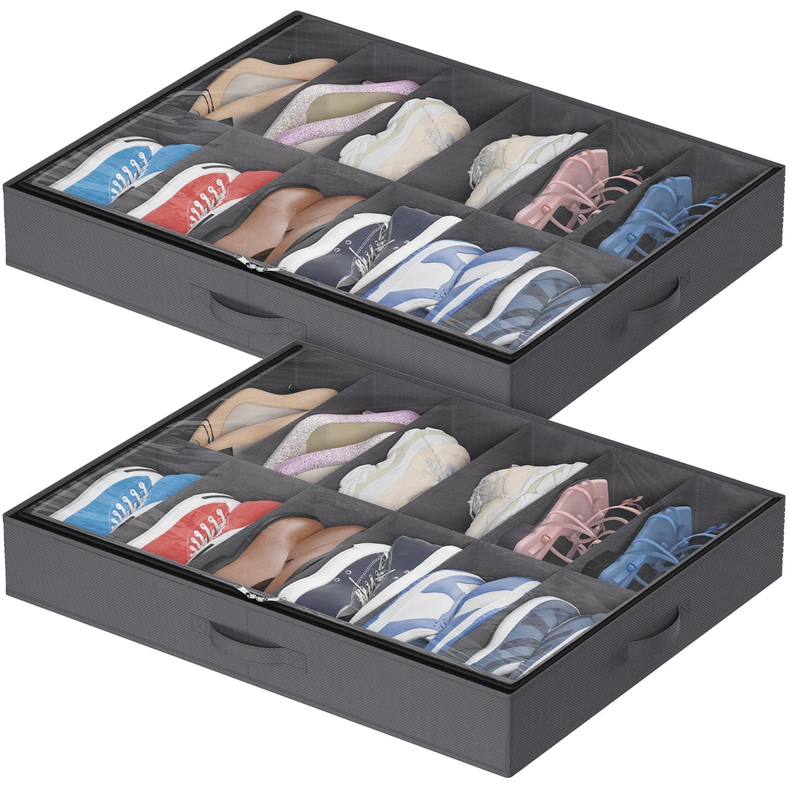 Lifewit Scatole per Scarpe con Finestra Trasparente, Contenitori Portaoggetti Pieghevole Sottoletto per Scarpe, Organizer per Scarpe con Manici Salvaspazio, Grigio, 2 x 12 Paia