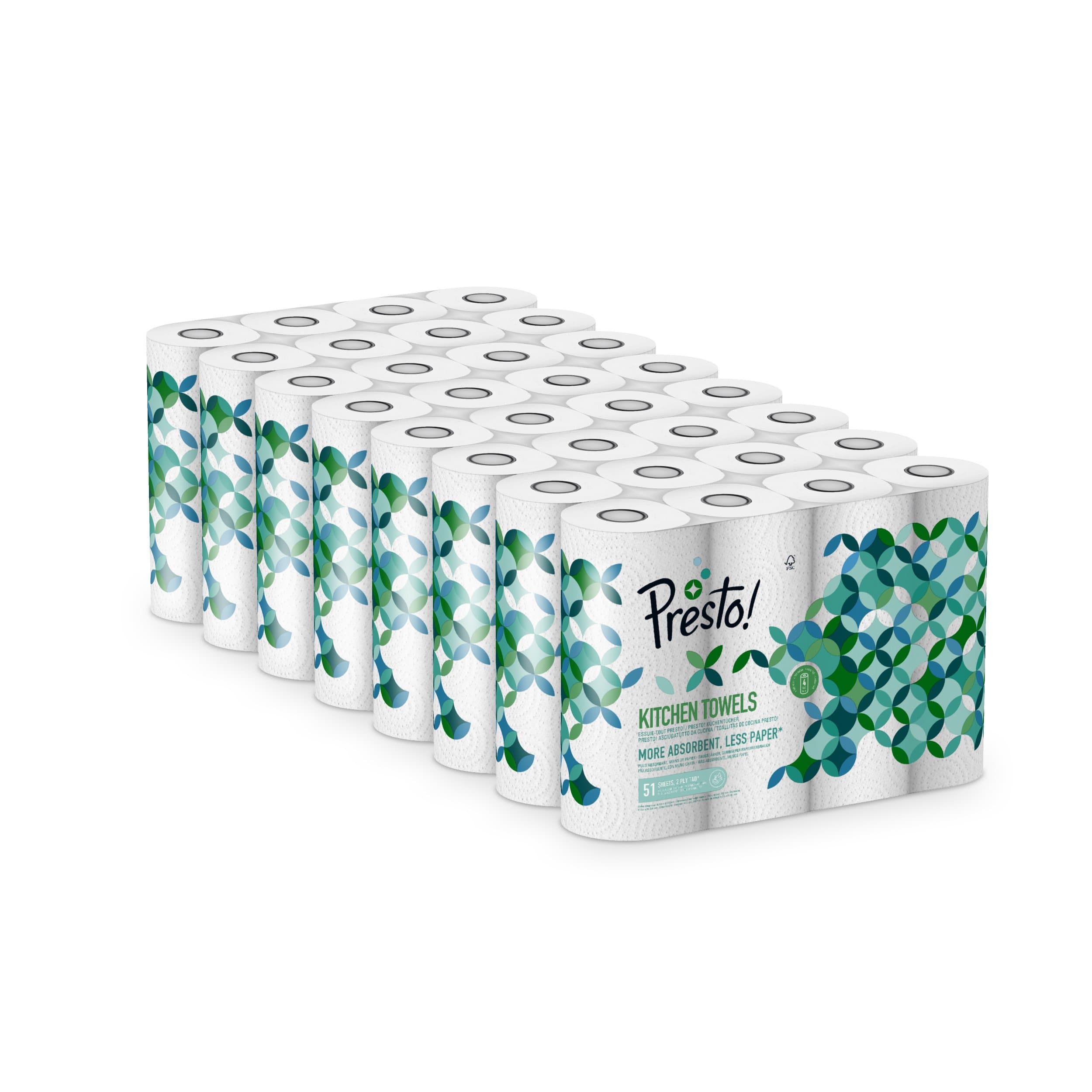 Presto! Essuie-tout TAD, Extra Absorbant, 32 Rouleaux (8 Paquets de 4), 51 Feuilles par Rouleau, Essore et Réutilise, Certifié FSC