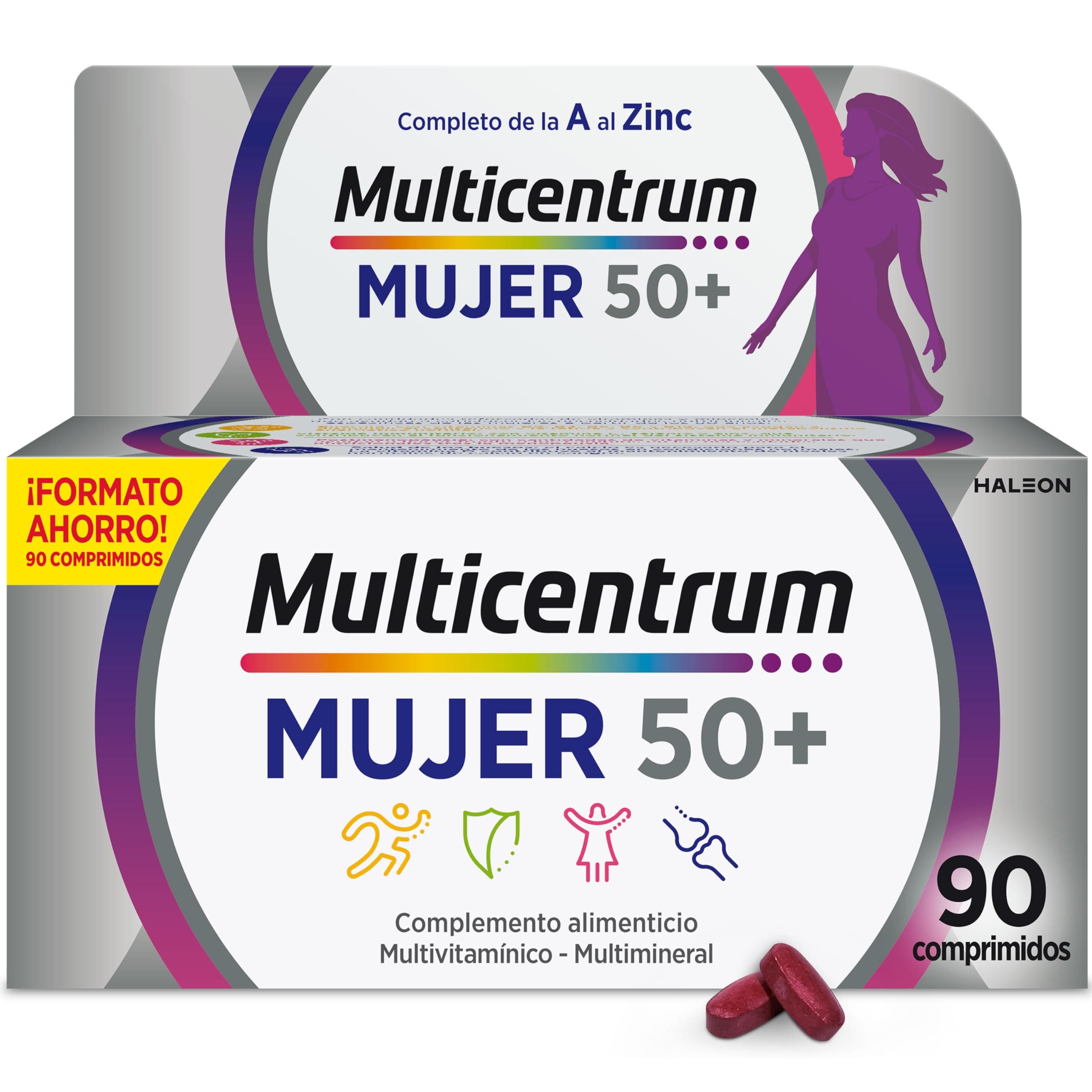 Multicentrum Mujer 50+ Complemento Alimenticio Multivitamínico y Multimineral para Mujeres 50+, Con Vitamina C y Zinc; Postmenopausia, Sin Gluten, 90 Comprimidos