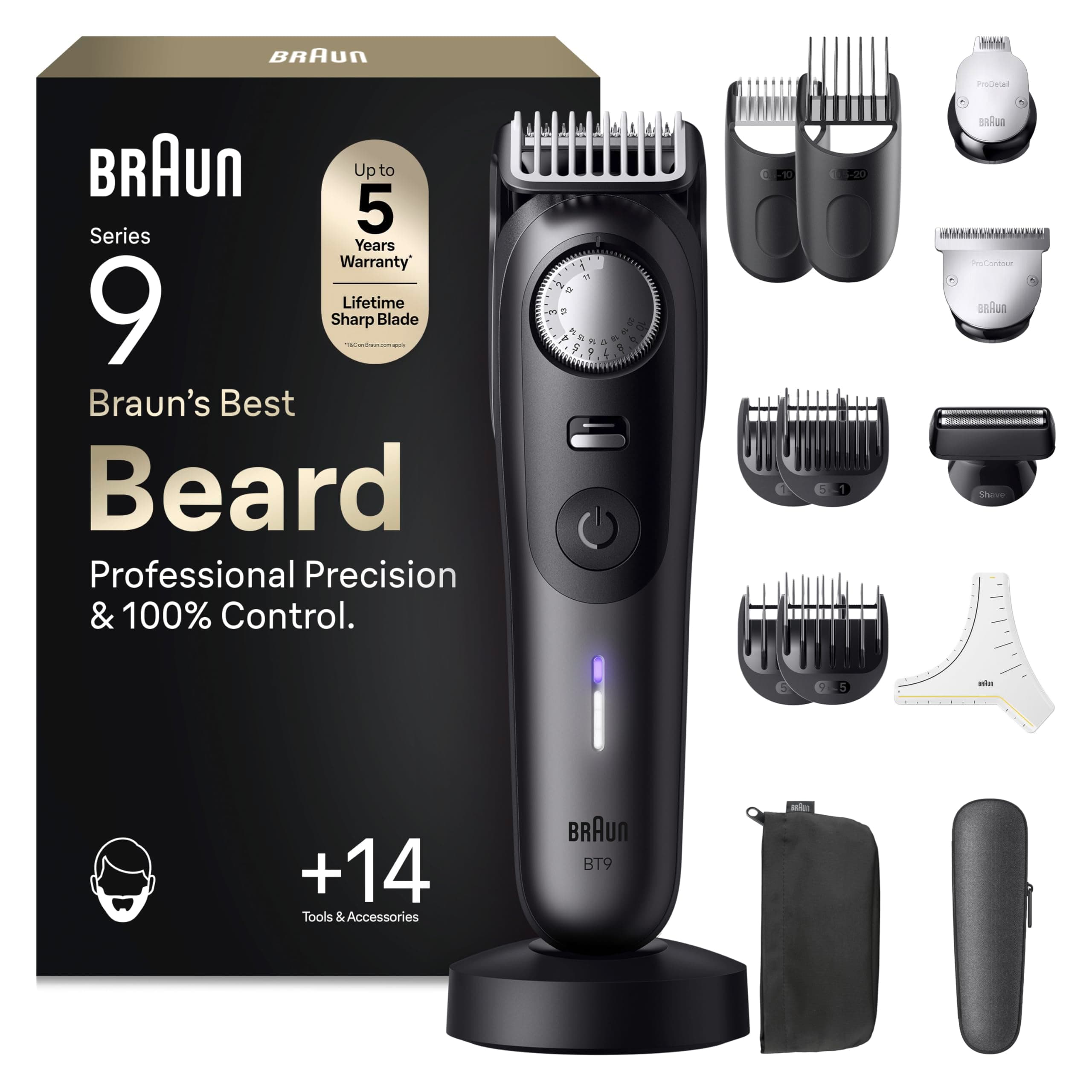 Braun Regolabarba Uomo Serie 9, +14 Strumenti Da Barbiere, Rasoio Elettrico Barba, Taglia Peli Naso, Lama ProBlade Affilata A Vita, 180 Min, Selettore Di Precisione, Impermeabile, BT9565, Titanio