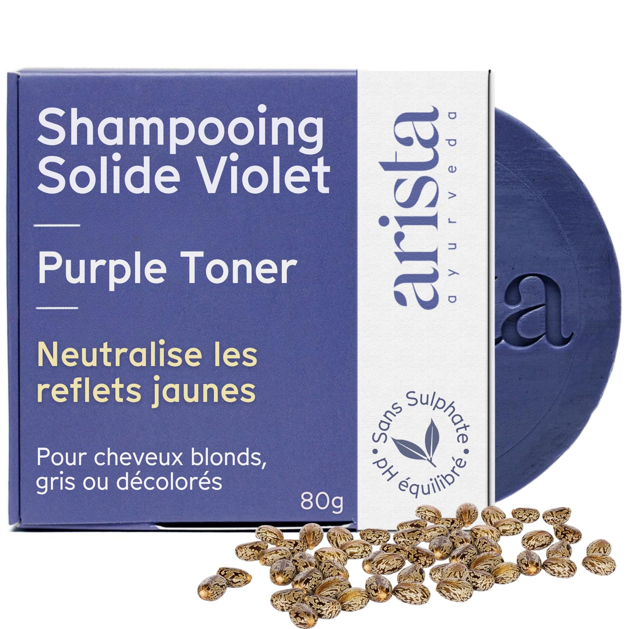 Arista Shampoing Violet Solide | Huile de Ricin & Poudre d'Amla | Sans Sulfate | Dejaunisseur Cheveux Blond | Anti Jaunissement | Pour Cheveux Colorés