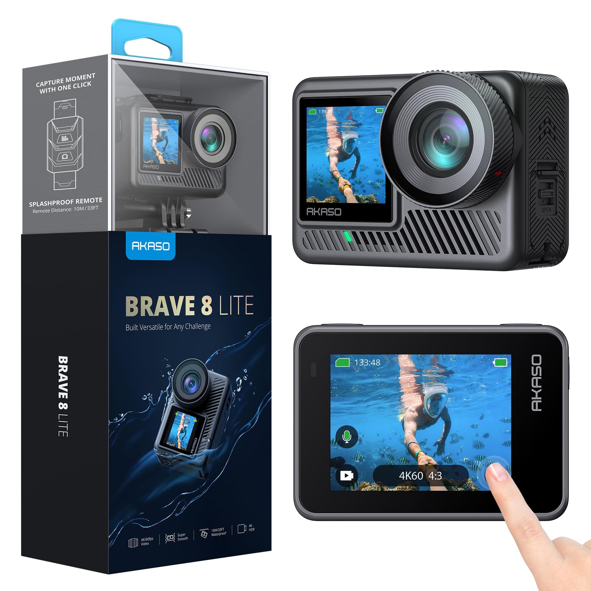 AKASO Brave 8 Lite Cámara Deportiva 4K 60FPS WiFi 20MP Cámara de Acción con Pantalla Táctil Estabilización SuperSmooth Cámara Acuatica Sumergible 60M 4X Zoom Baterías 2x1550mAh