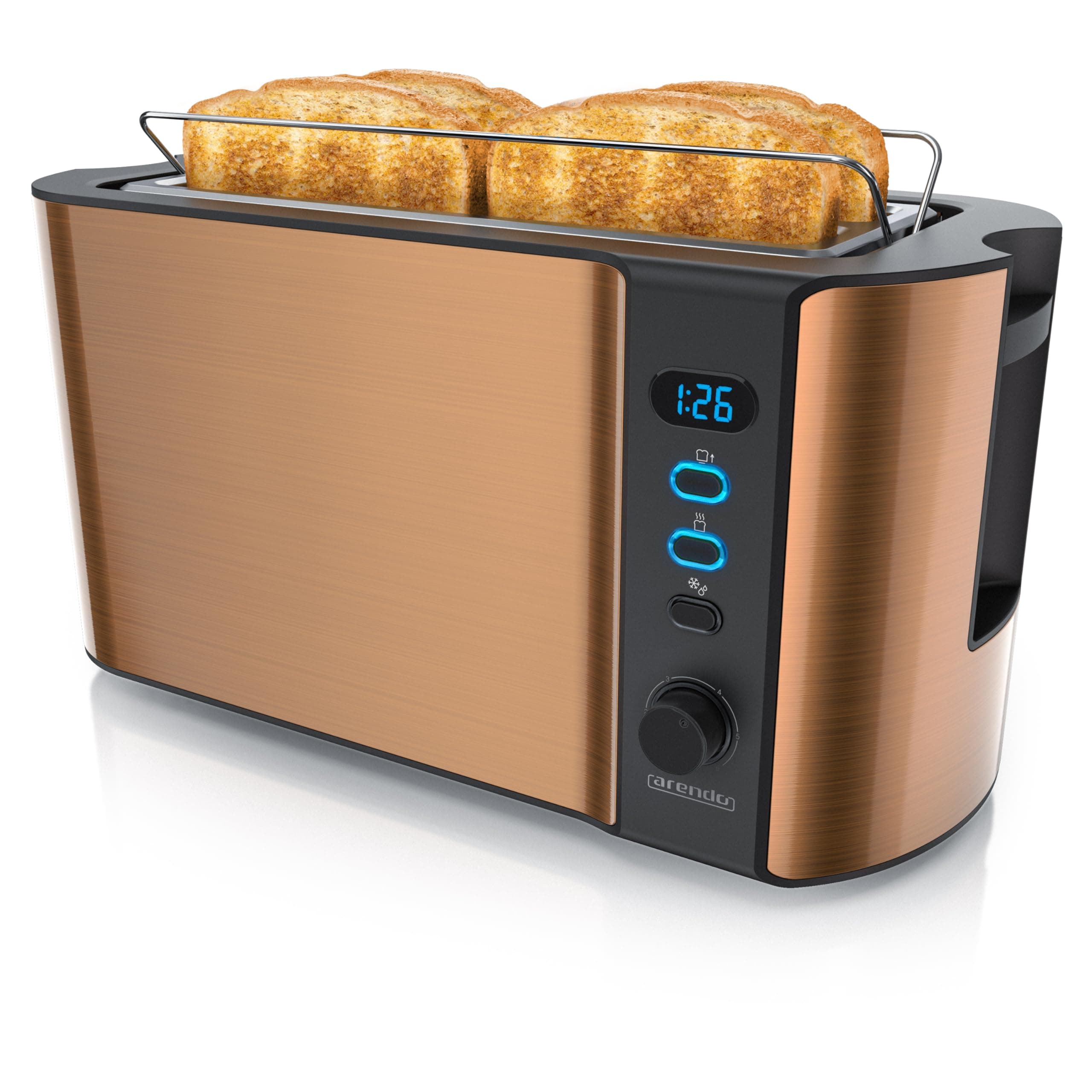 Arendo - Edelstahl Toaster Langschlitz 4 Scheiben - Defrost Funktion - wärmeisolierendes Gehäuse - mit integriertem Brötchenaufsatz - 1500W - Krümelschublade - Display mit Restzeitanzeige - Kupfer