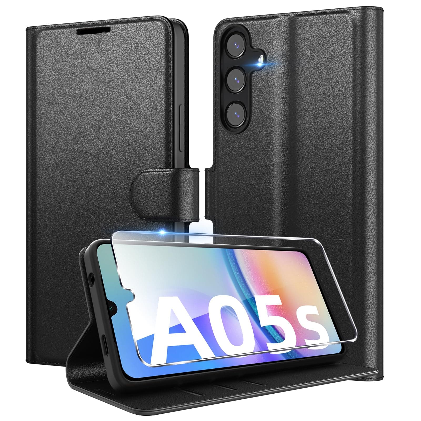 Eirltiy Coque pour Samsung Galaxy A05s + 1 Verre Trempé Protection écran,[Housse Premium en Cuir PU][Fentes pour Cartes][Pochette de Portefeuille],Etui à Rabat pour Samsung A05s - Noir