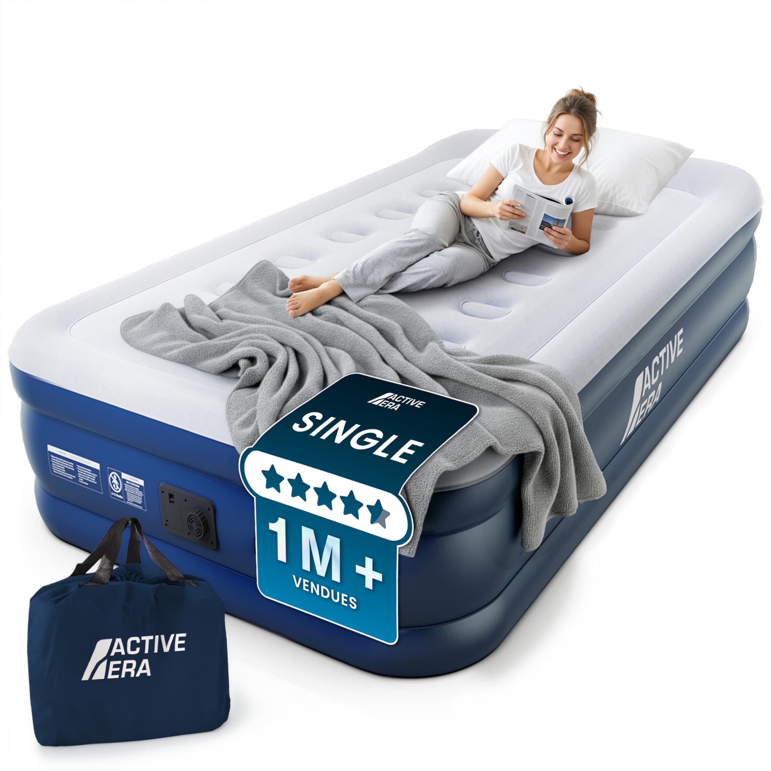 Active Era Matelas Gonflable 1 Place 99×188×36,5 cm – Confort Max, Pompe Électrique Intégrée, Gonflage Rapide 1,5 Min, Doux & Velours, Idéal Maison et Invités