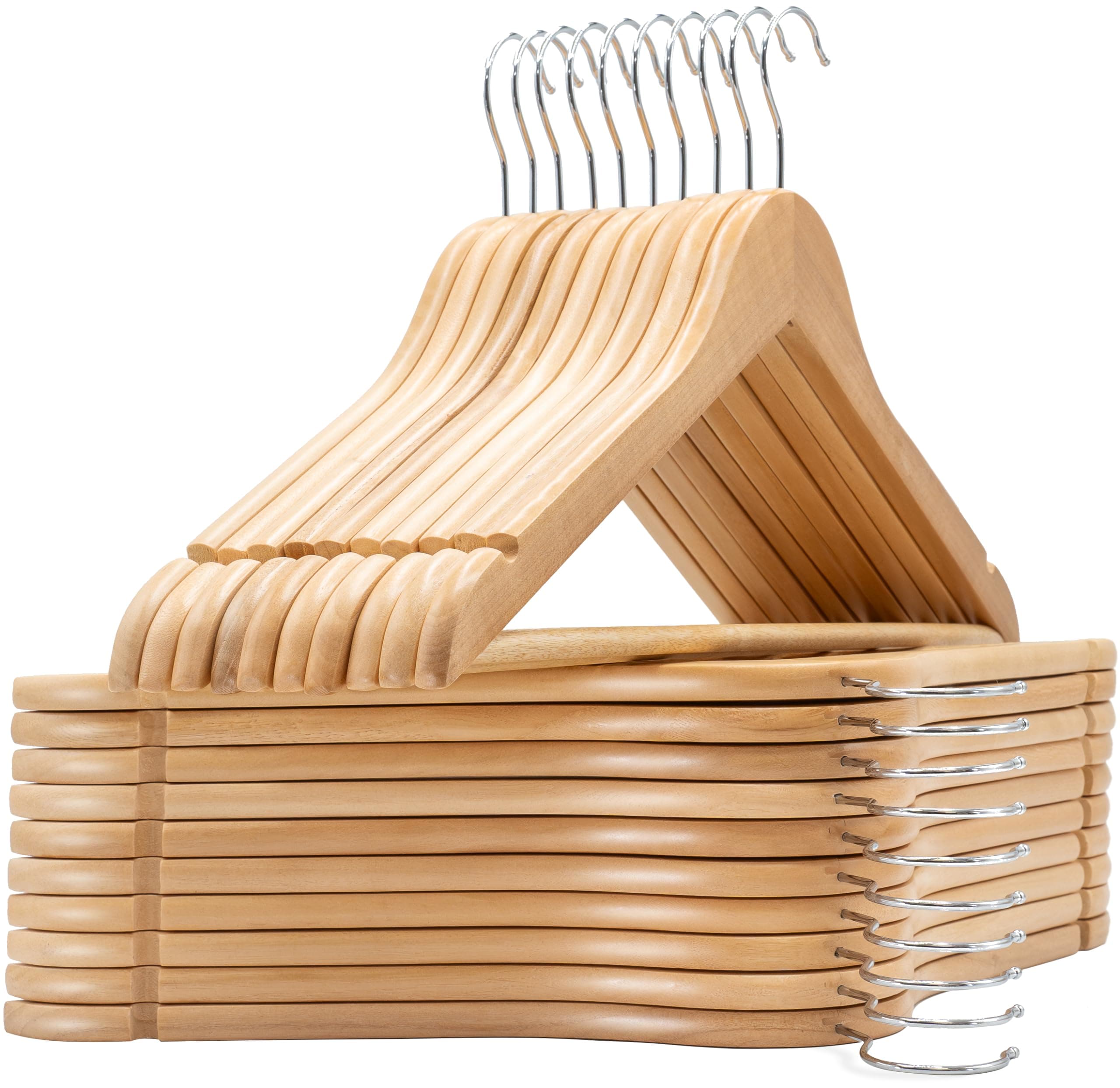 edihome, Grucce Legno, Confezione da 20, Appendiabiti con Scanalature su Spalle, Gancio Girevole a 360° e Barra Portapantaloni Antiscivolo, per Completi Camicie Cappotti (Legno, 20 unità)