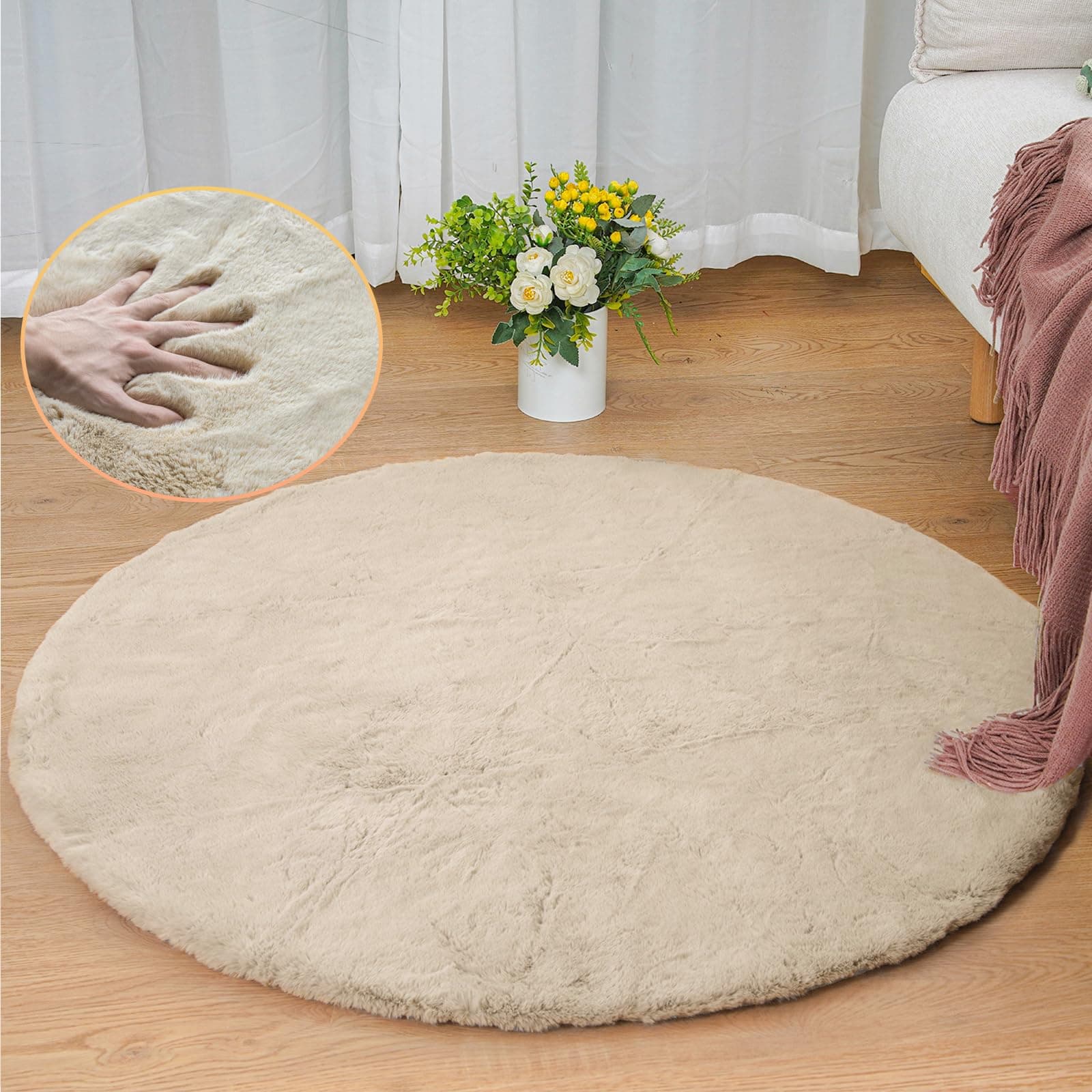 ORINOVA Tapis Rond Beige 90 cm Tapis Moelleux Chambre Salon Tapis Fausse Fourrure Lavable Petit Doux Descente De Lit Poil Ras Beige Fluffy Rug Round