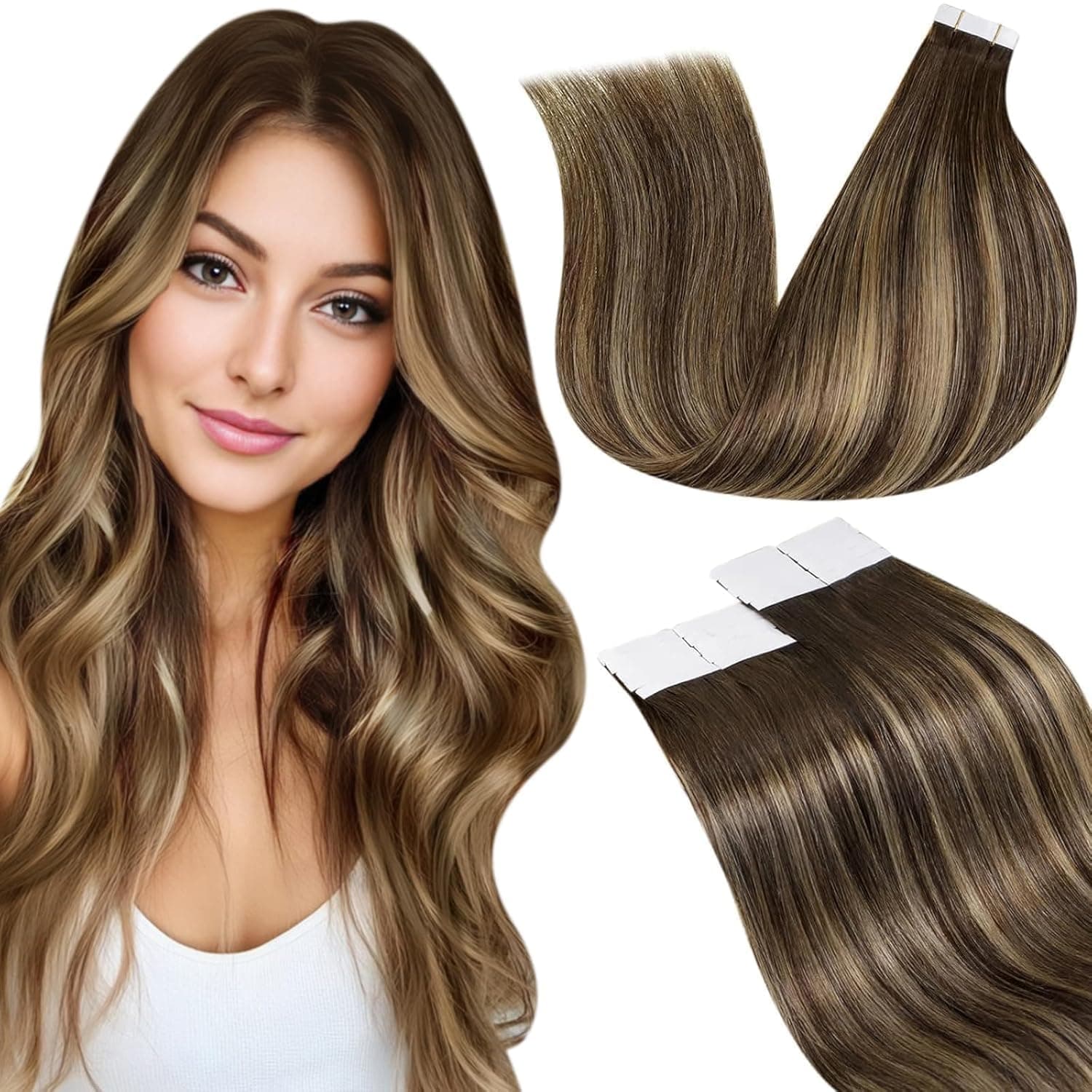 LaaVoo Extension Capelli Veri Biadesivo 20pz Balayage Marrone Scuro Mix Biondo Caramello Umani Lisci Remy Extension Biadesive Capelli Veri Invisibile Adesive 30cm 30g #4/27/4