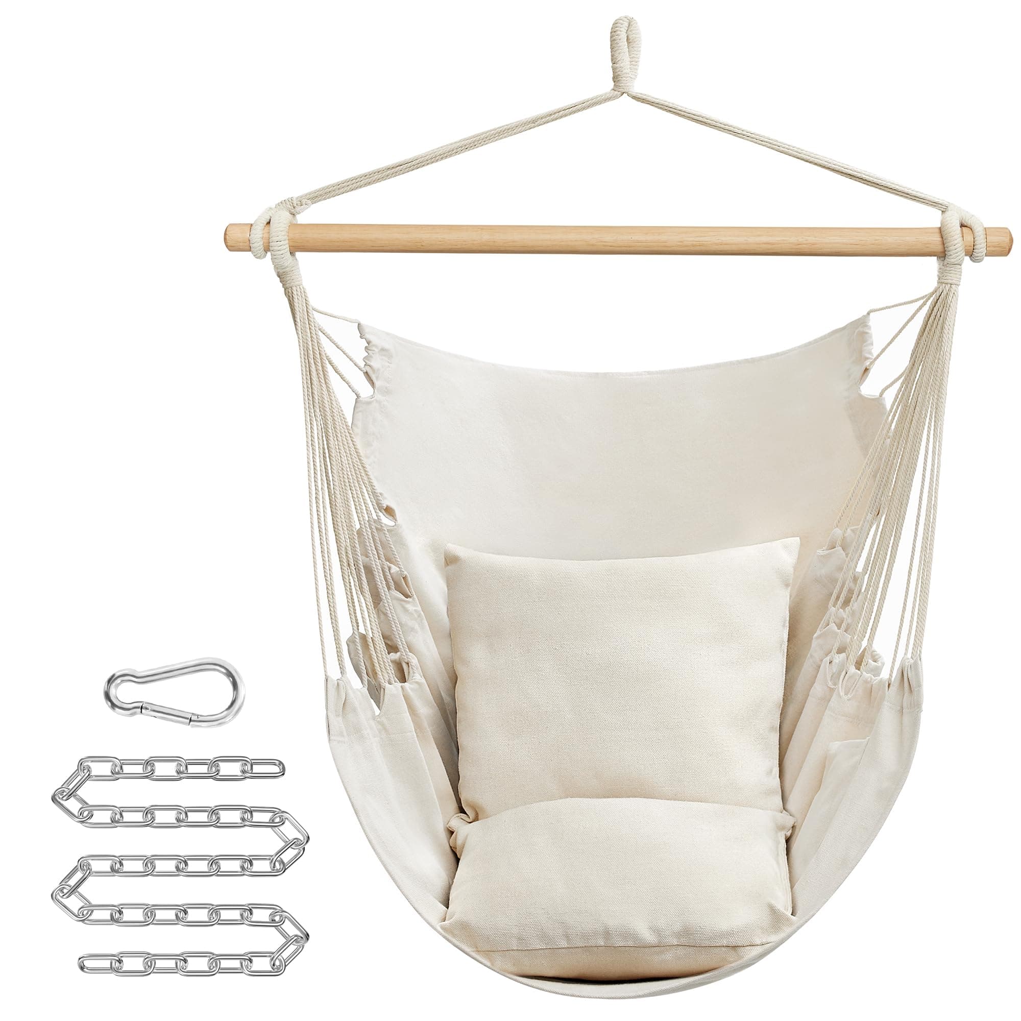 SONGMICS Hängesessel, Hängeschaukel, Hängestuhl mit 2 Kissen, Metallkette, bis 150 kg belastbar, Indoor und Outdoor, Wohnzimmer, Schlafzimmer, cremeweiß GDC187M01