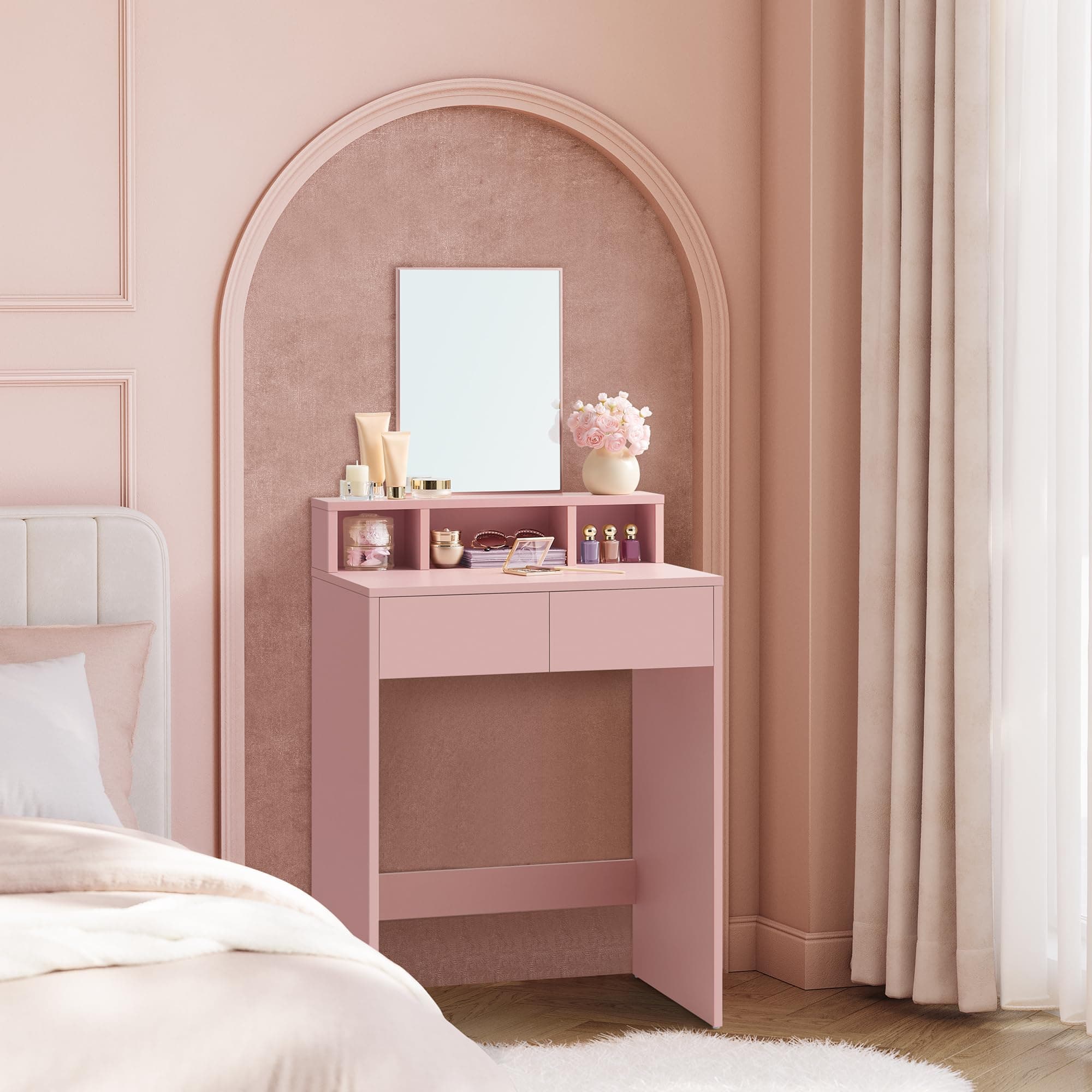 VASAGLE KAILYN Colección - Tocador, Mesa de Maquillaje con Espejo Grande, Gabinete con 2 Cajones y 3 Compartimentos, Estilo Moderno, Rosa Jalea RDT103R01