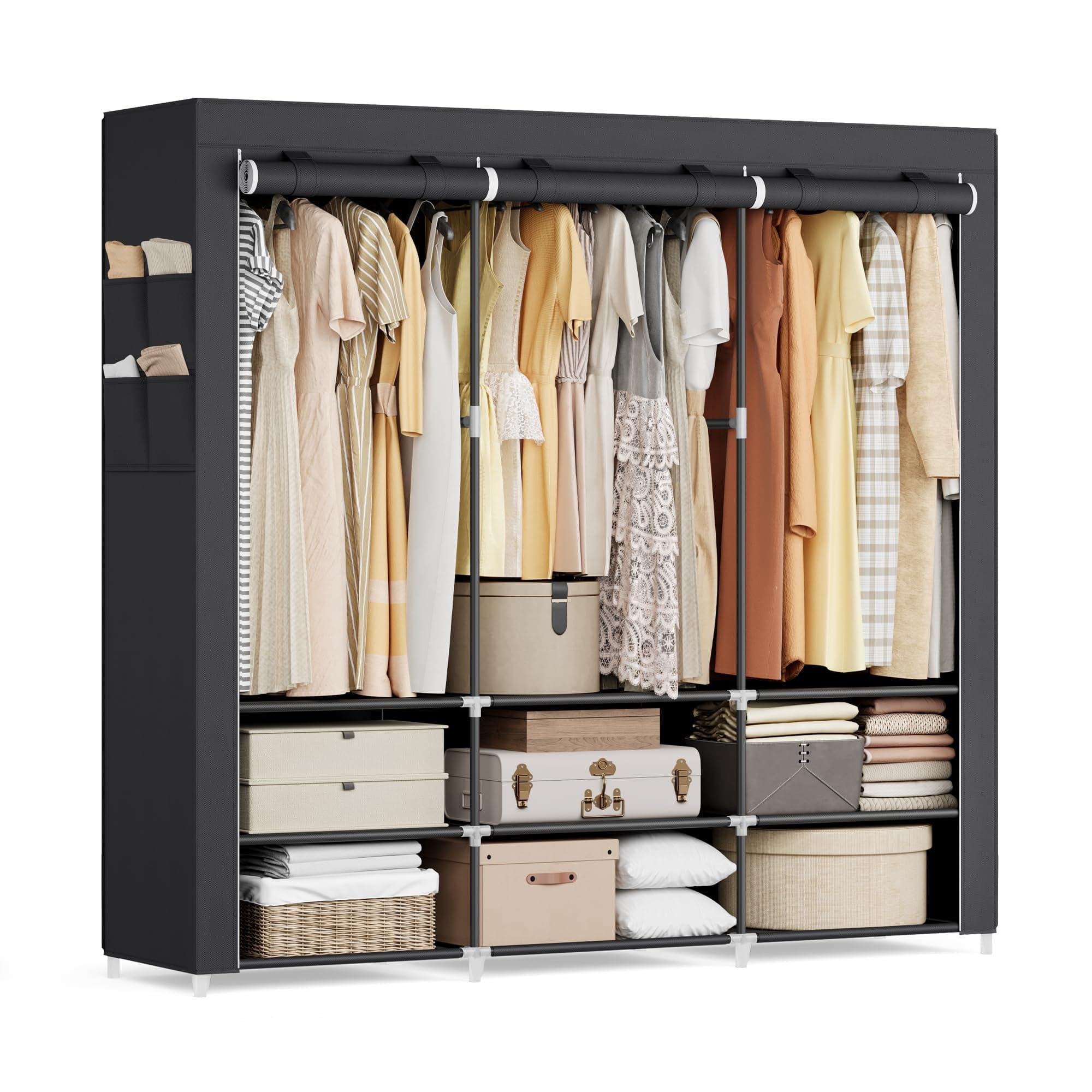 SONGMICS Stoffschrank, Kleiderschrank, 45 x 188 x 176 cm, 3 Hängefächer, mit Ablagen, 4 Seitentaschen, viel Platz, für Schlafzimmer, Wohnzimmer, schwarz RYG009B01