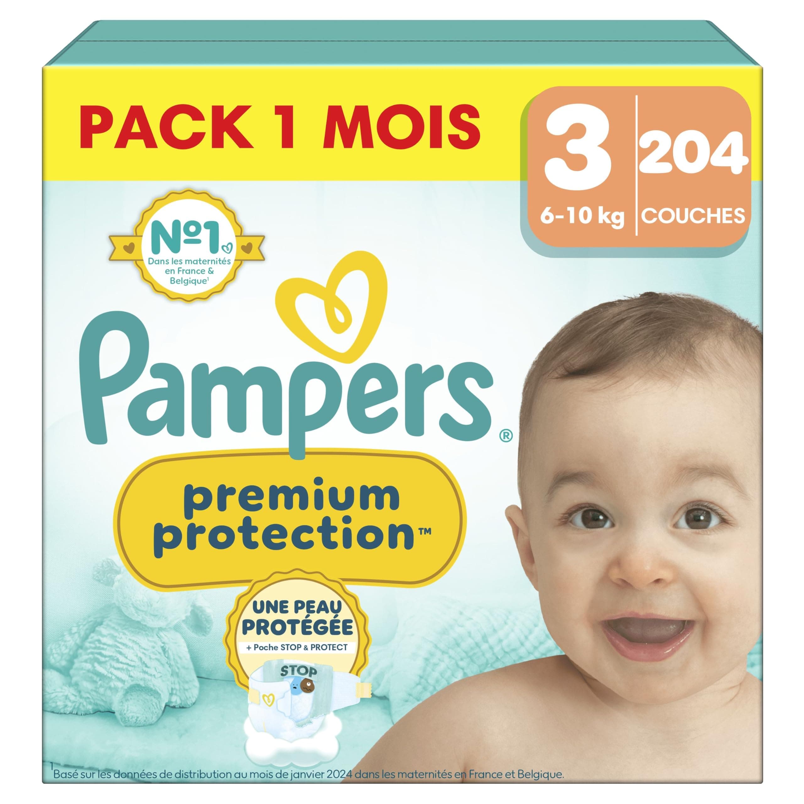 Pampers Couches Premium Protection Taille 3 (6-10 kg), 204 Couches Bébé, Pack 1 Mois, Notre N°1 Pour La Protection Des Peaux Sensibles