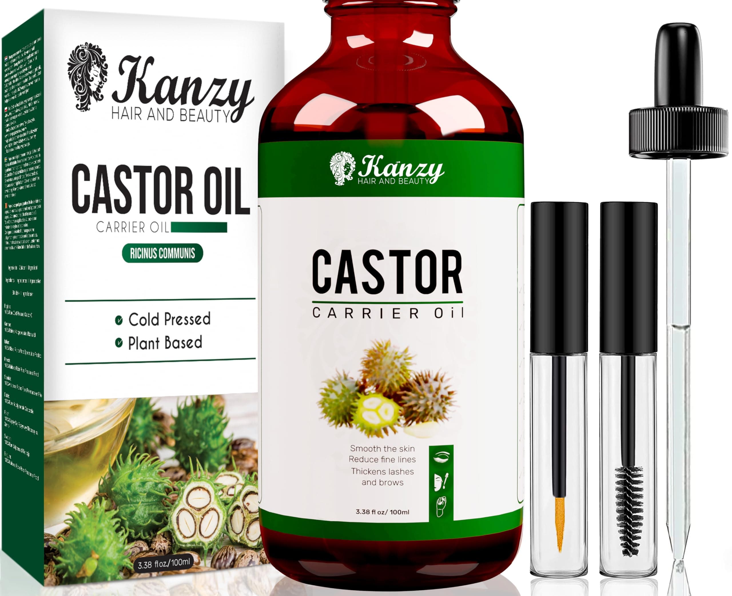 Kanzy Olio di Ricino per Ciglia e Sopracciglia 100ml Olio di Ricino per Capelli, Unghie, Pelle e Barba Castor Oil con Set di Pennelli