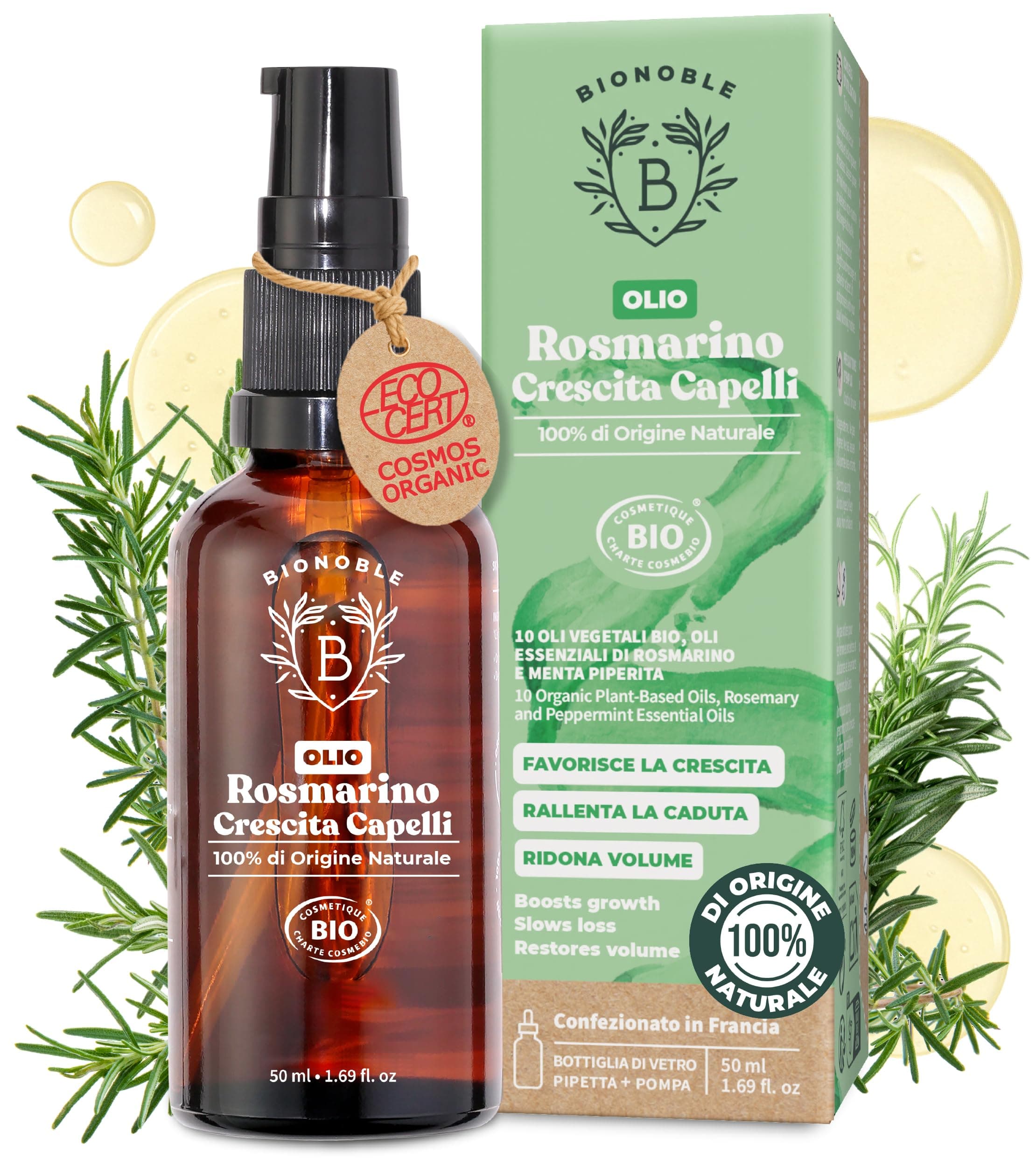 BIONOBLE Olio di Rosmarino per Capelli Bio - Stimola Crescita, Nutre il Cuoio Capelluto - Olio Capelli Rosmarino, Ricino, Argan - Rosemary Oil for Hair Growth - Bottiglia di Vetro, Pipetta - 50ml