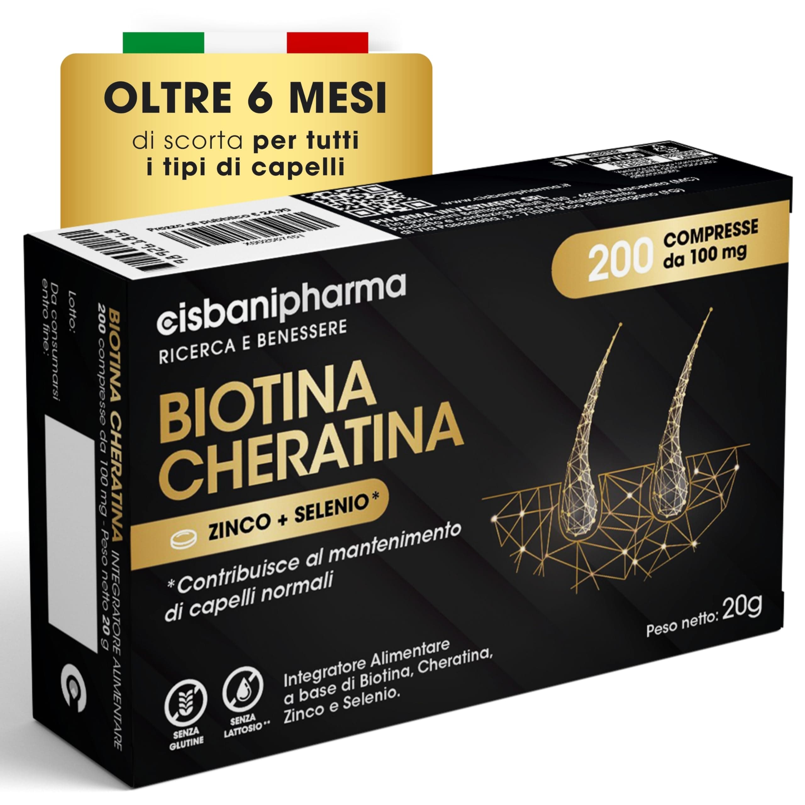CISBANI PHARMA Biotina Cheratina e Zinco - Integratore Capelli e Unghie 200 Compresse da 100mg, Oltre 6 Mesi di Scorta - Senza Glutine e Lattosio