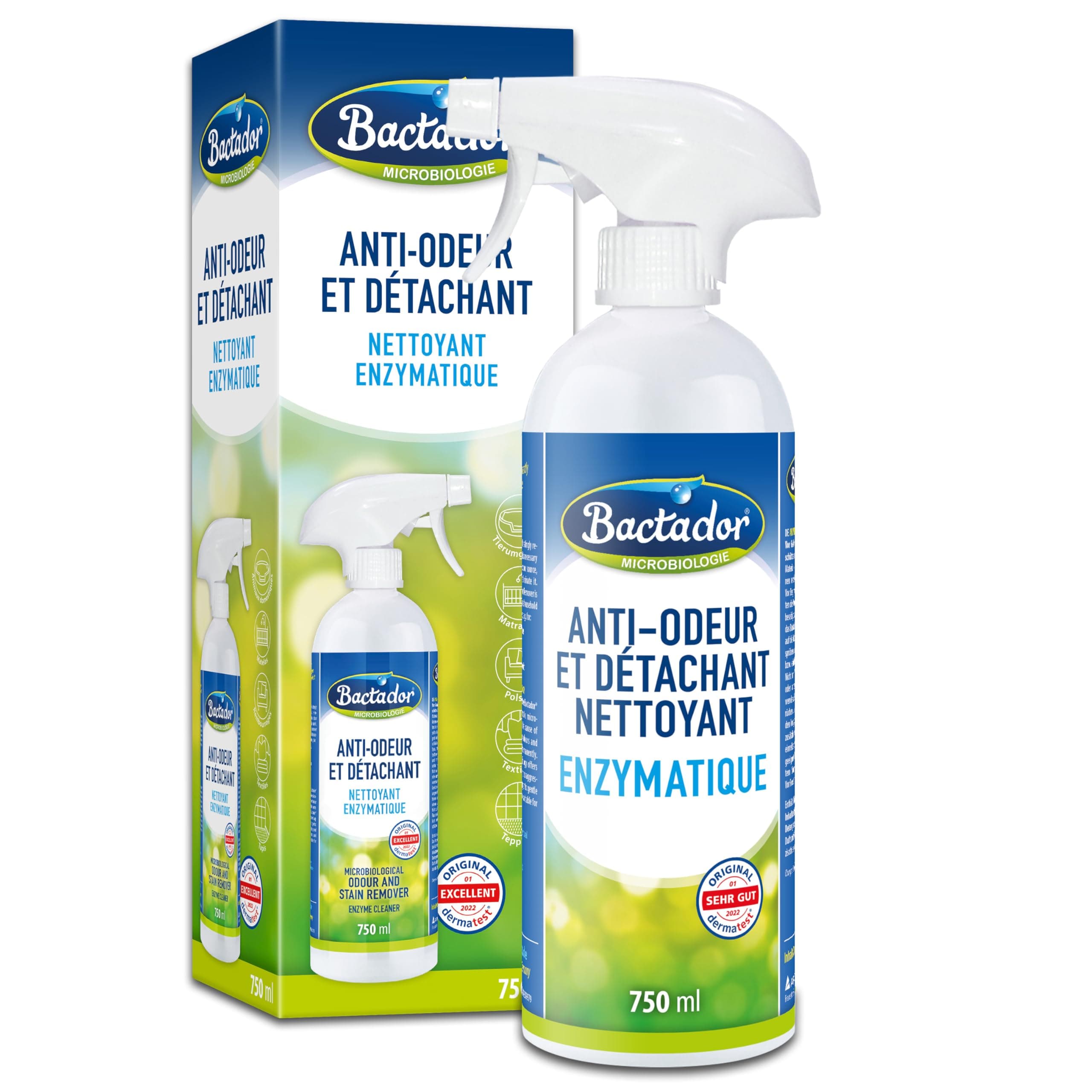 Bactador Anti-Odeur Et Détachant Microbiologique 750 ml - Spray - Neutralisateur D'Odeurs Microbiologique Et Nettoyant Enzymatique - 100% Naturel
