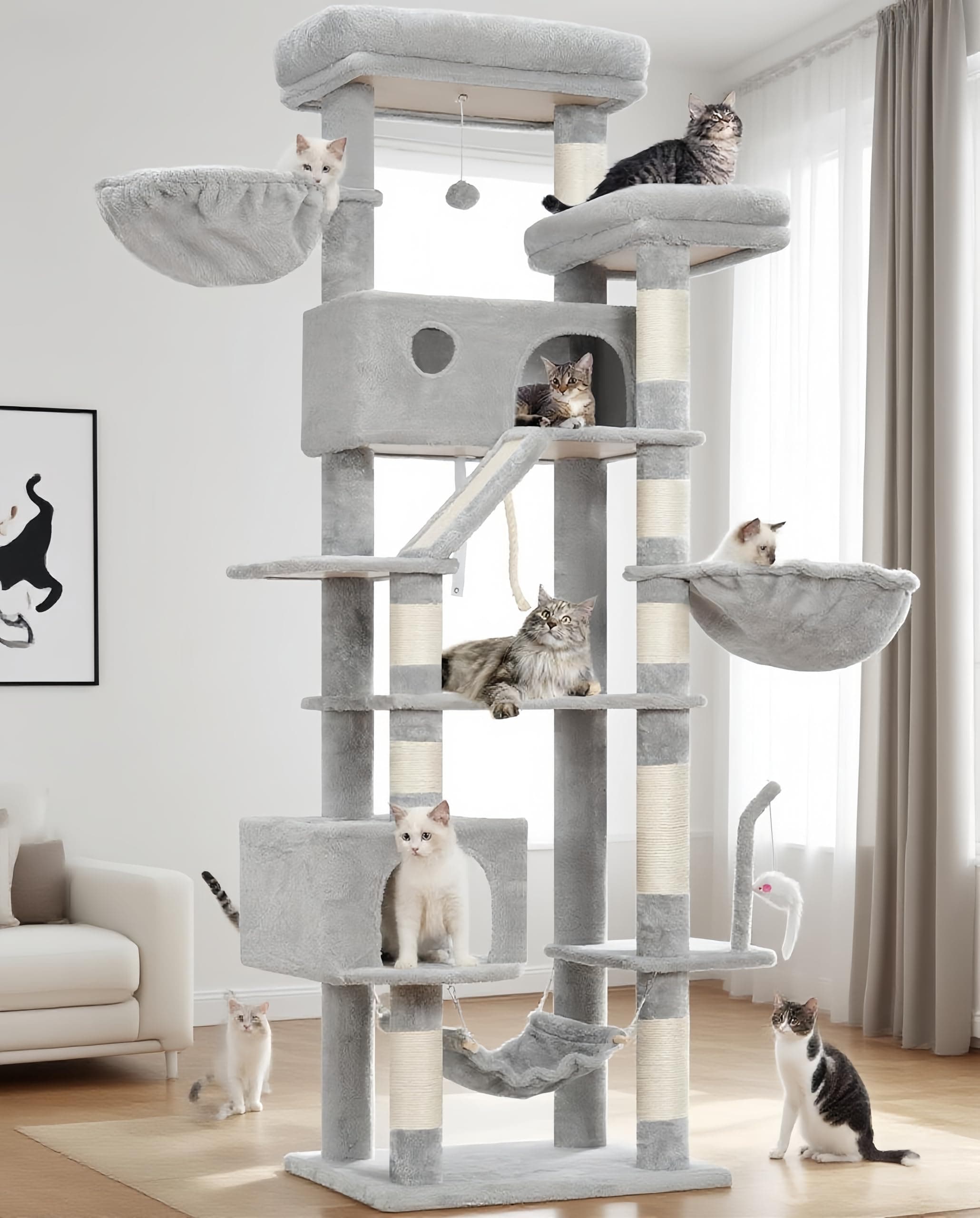 Gitelsnour Arbre à Chat, Tour de Jeux pour Chats Interieur Hauteur 200 cm, Arbre à Grimper avec perchoir spacieux, 2 niches, hamacs, griffoir, Gris Clair GCT031W