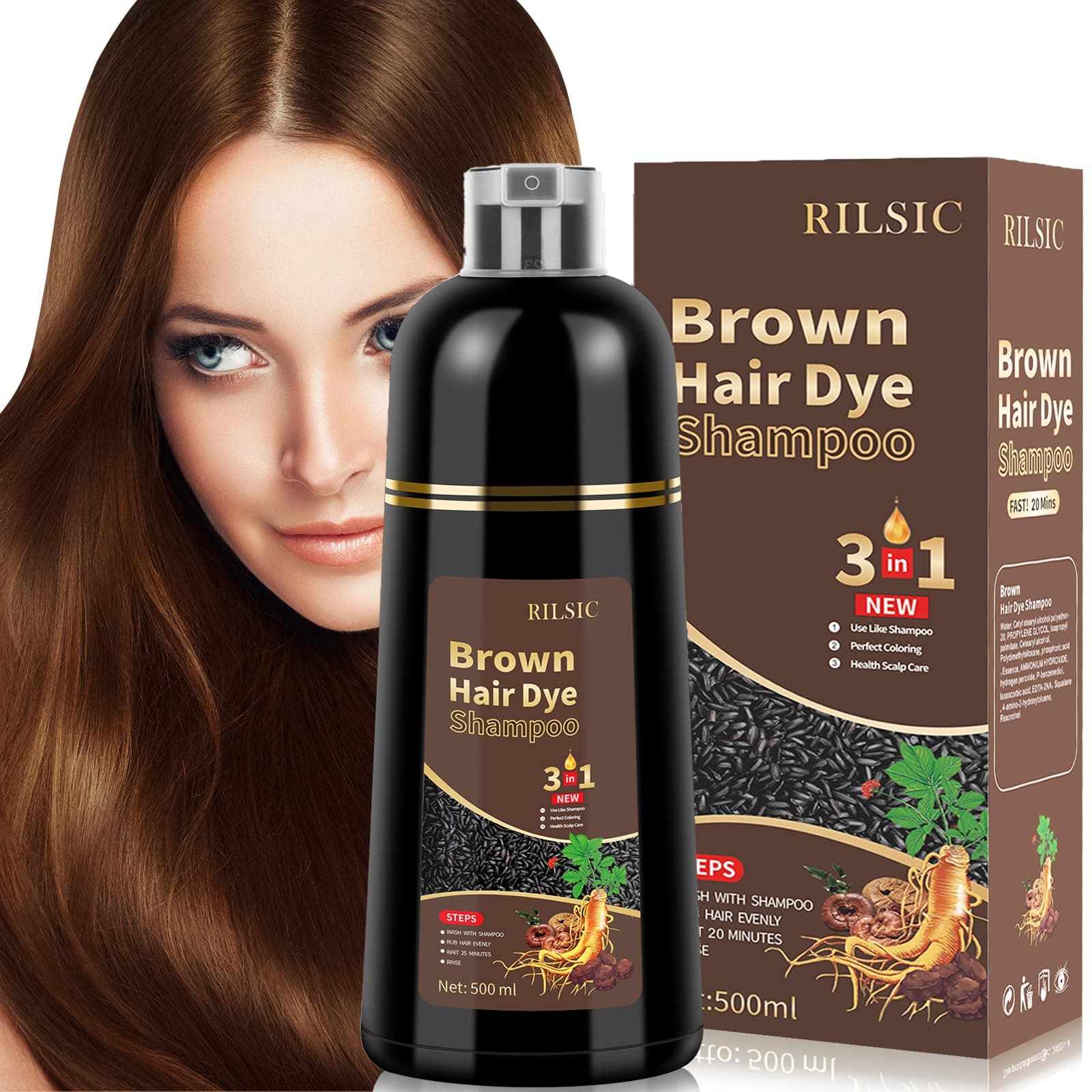 500ml Champú Color Castaño Claro，Hair Dye Shampoo para Teñir Canas Mujer Negro,Champú para Cabello Negro Instantáneo Champu Colorante Tinte para Hombre y Mujer