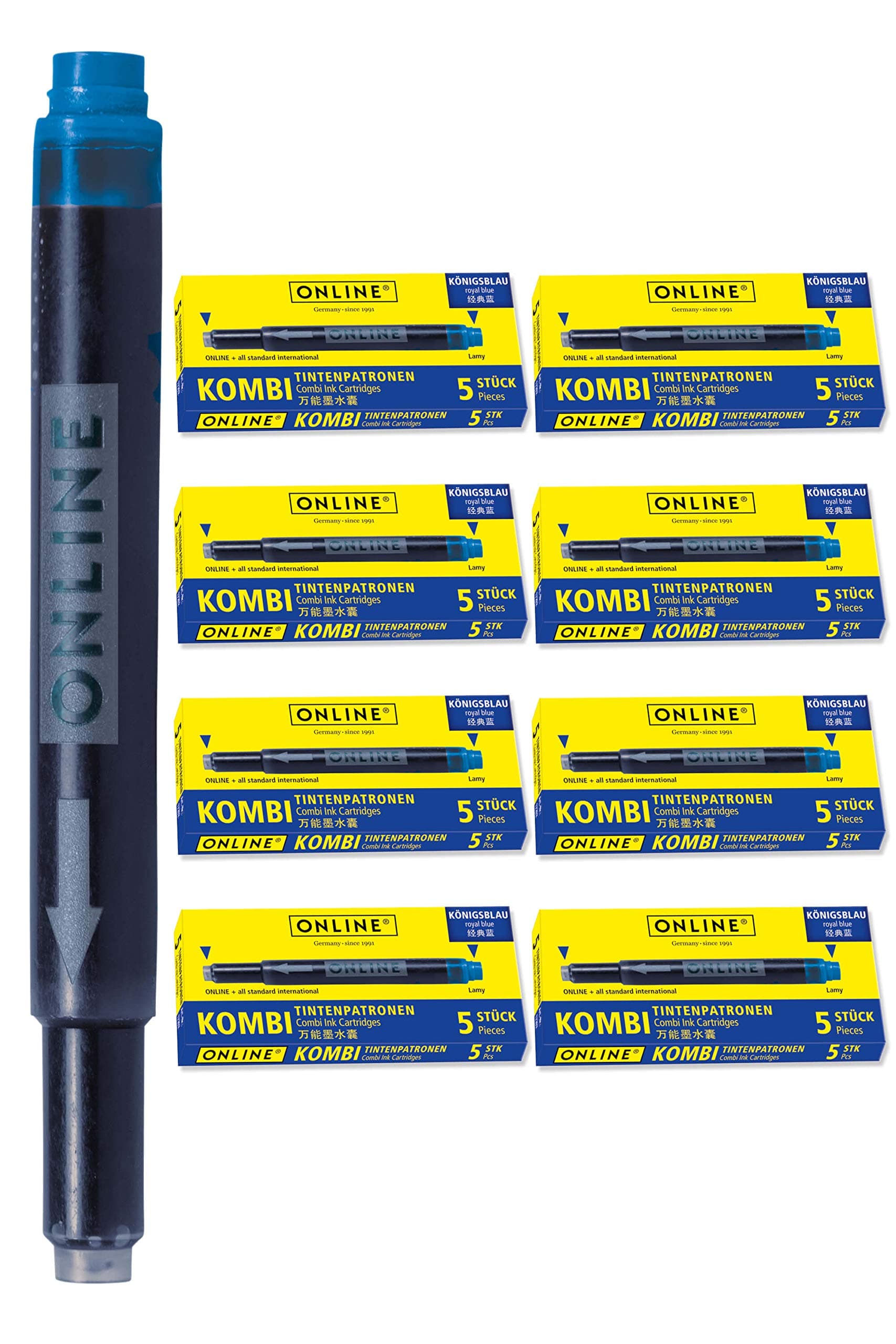 ONLINE 40x Patronen blau ONLINE 4, Universal, für alle gängigen Füller (Lamy, Pelikan, etc.), Ersatz, löschbar, auch für Tintenpatronen-Rollerbälle, Vorteilspack köngisblau