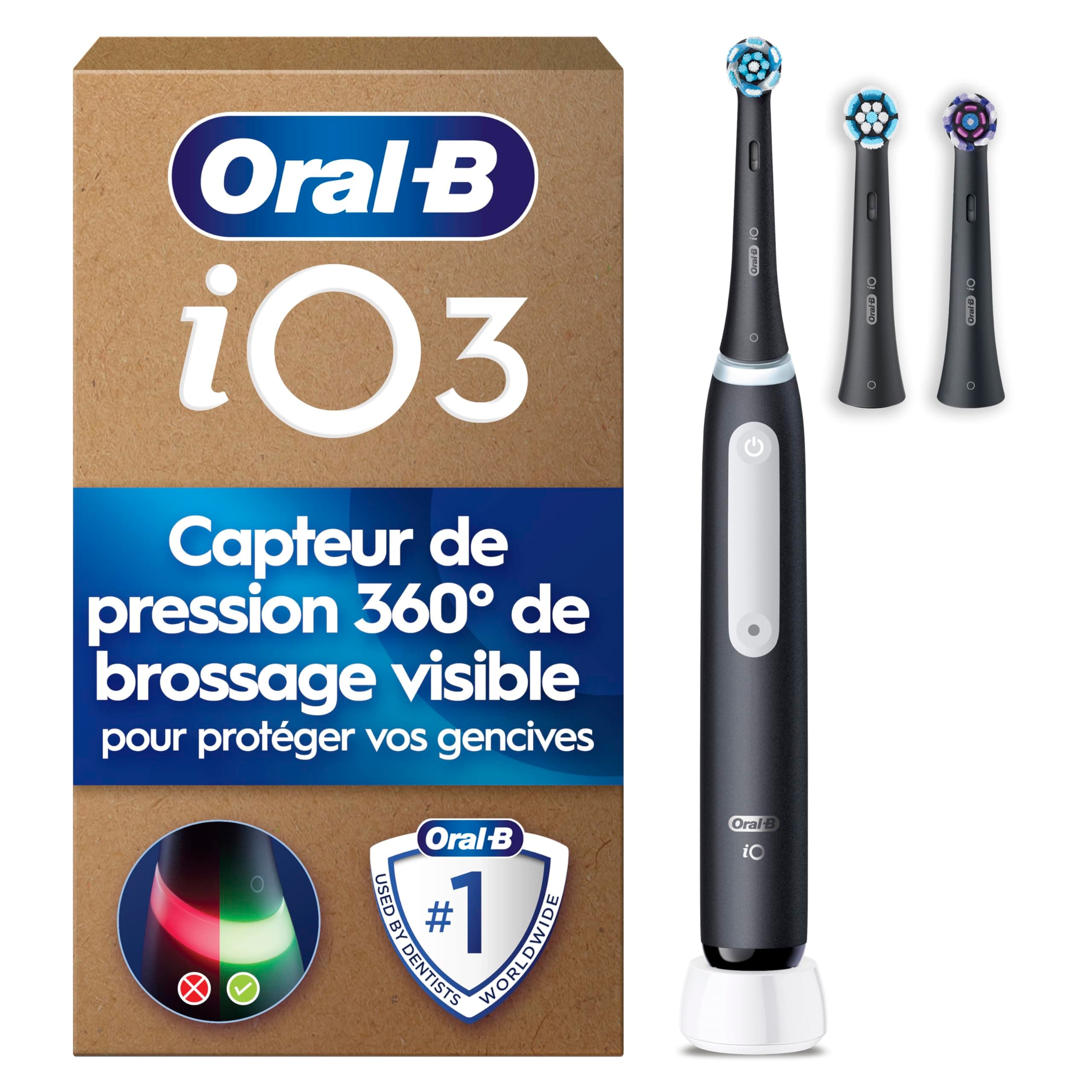 Oral-B Brosse A Dents Electrique iO 3 Noire, 3 Modes De Nettoyage Dont Blancheur, Brossage Silencieux, Capteur De Pression, 3 Brossettes De Rechange Oral B, Embouts Ronds, Chargeur, En Carton