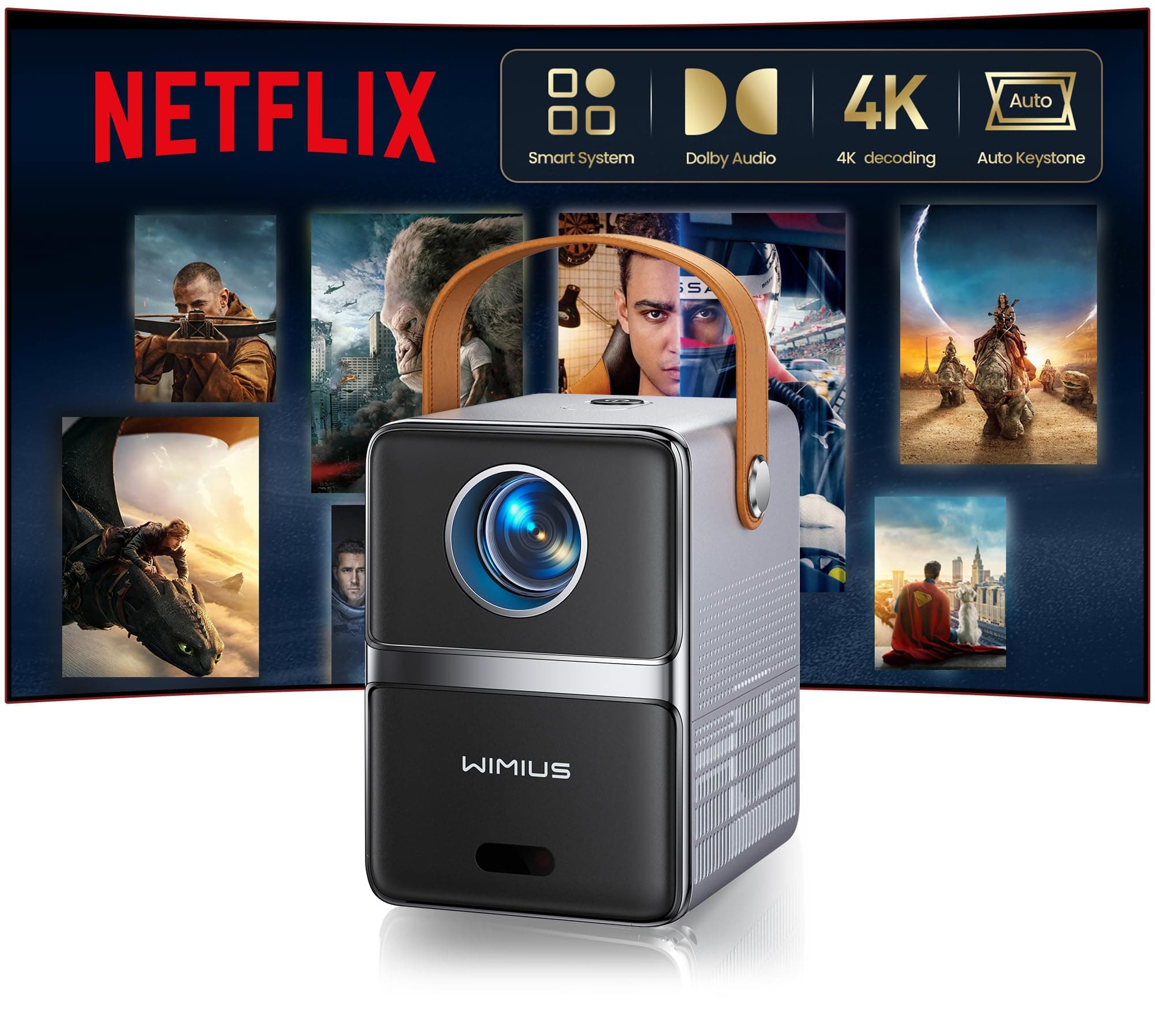 Mini Proyector Portatil 4K【Netflix Ready/Dolby】 WiMiUS Proyector 1080P FHD con Auto Keystone/E-Enfoque, Apps Integrada WiFi & Bluetooth, Projector Portable 4k Cine en Casa para Movil/PC/HDMI ARC